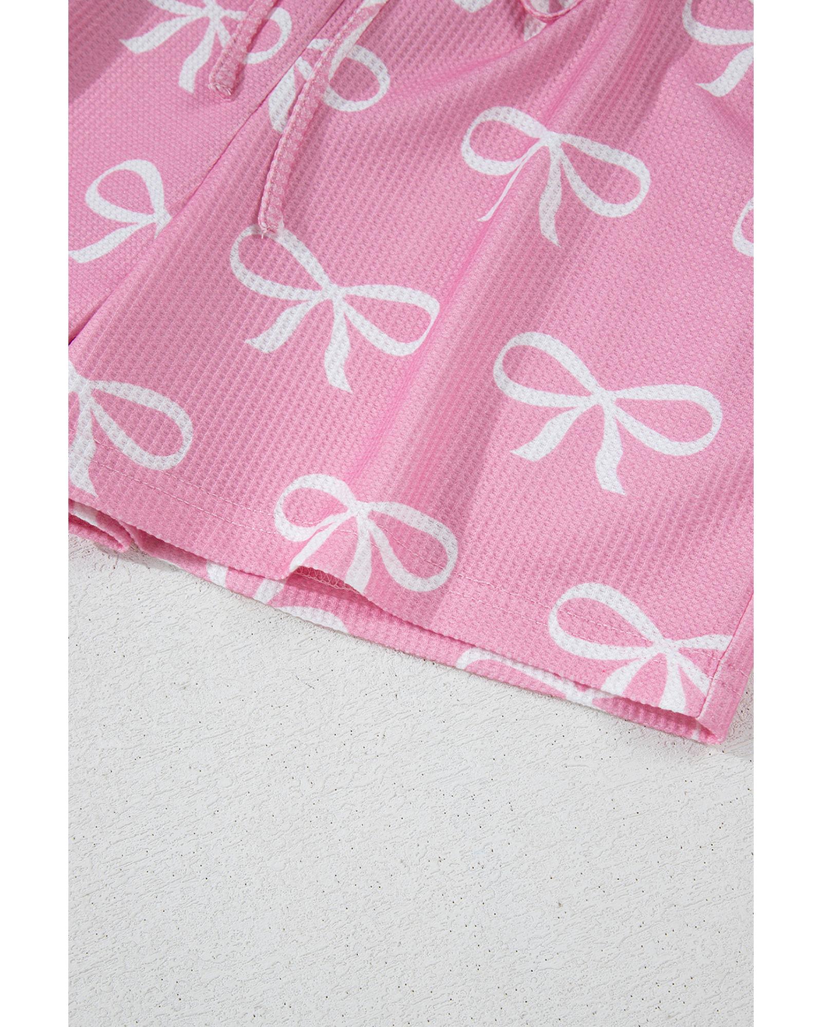 Pink Waffle Knit Bowknot Printed V Neck T Shirt and Shorts Set - XL