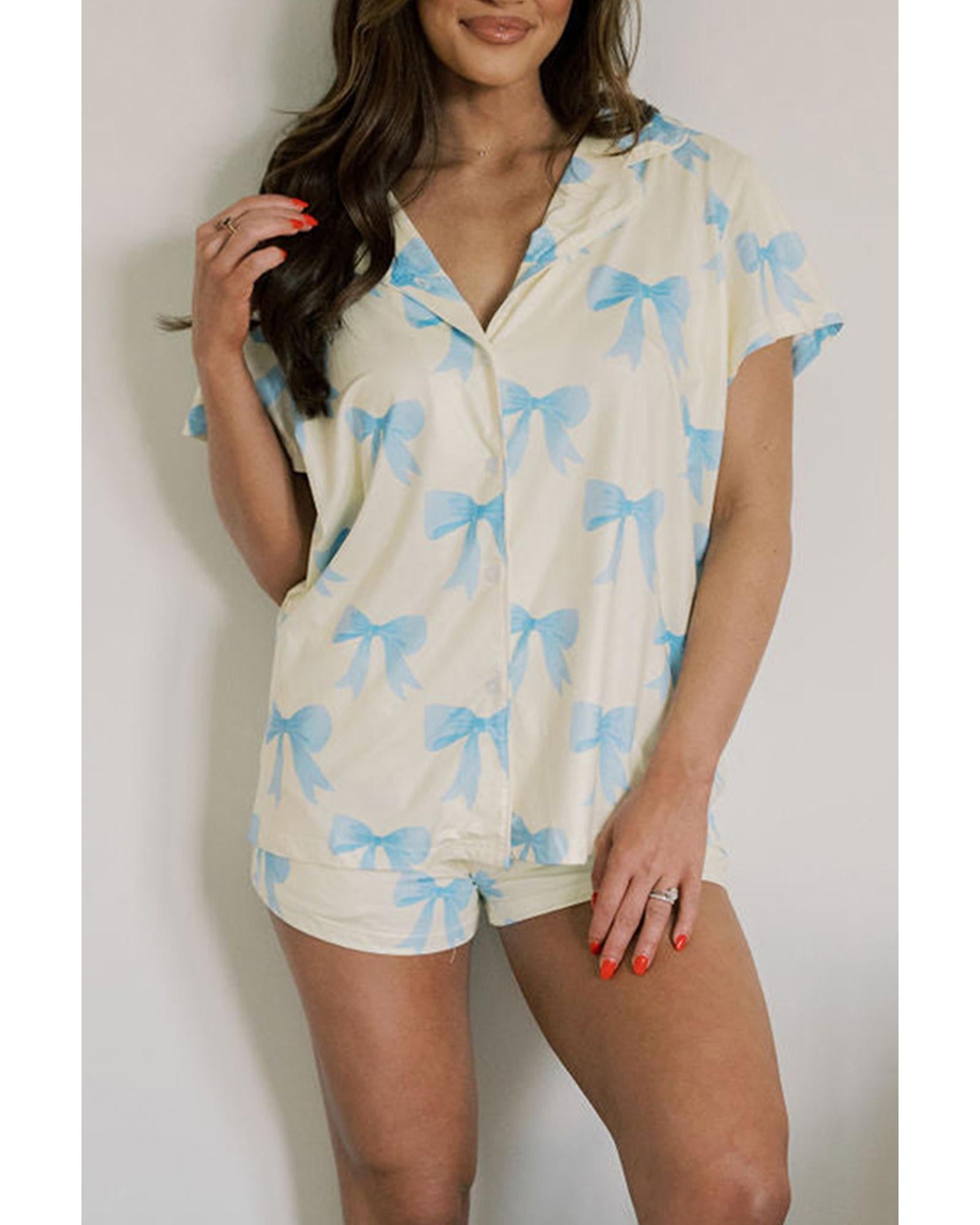 Yellow Bow Printed Short Sleeve Shirt Shorts Pajama Set - L