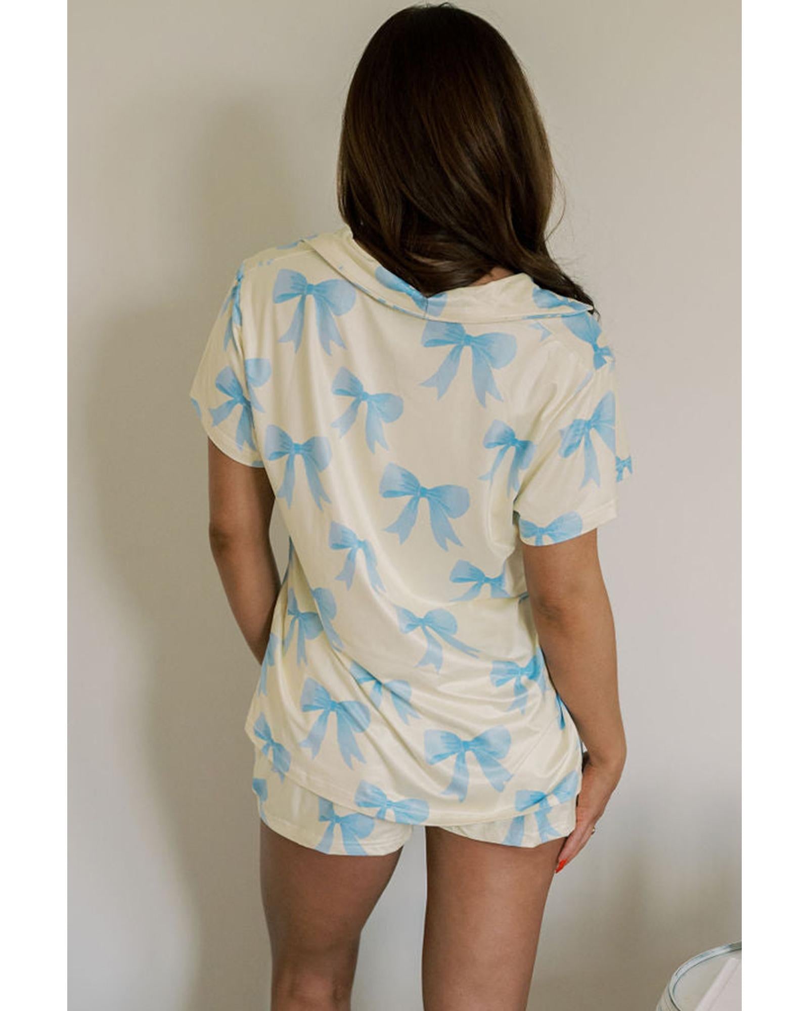 Yellow Bow Printed Short Sleeve Shirt Shorts Pajama Set - L