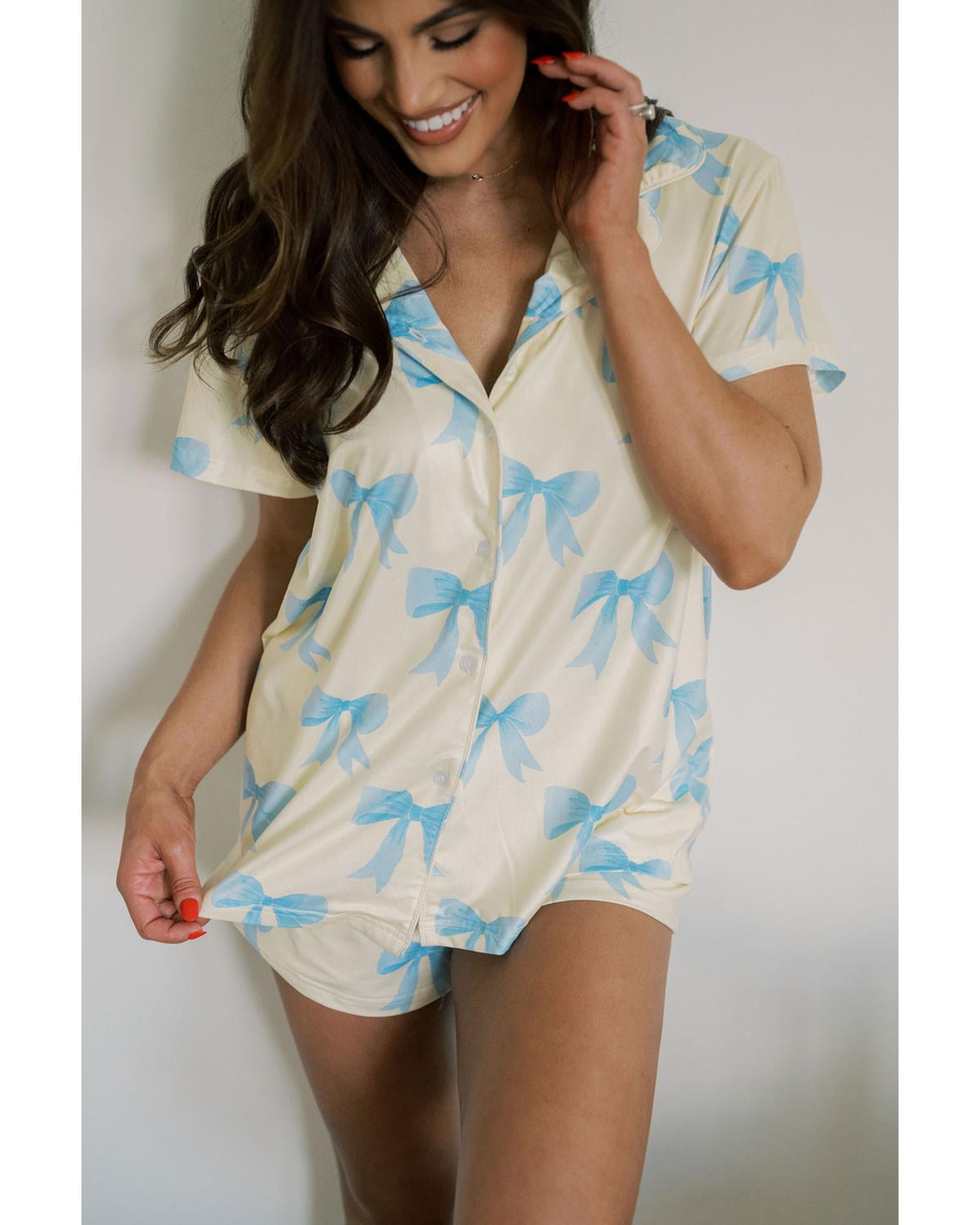 Yellow Bow Printed Short Sleeve Shirt Shorts Pajama Set - L