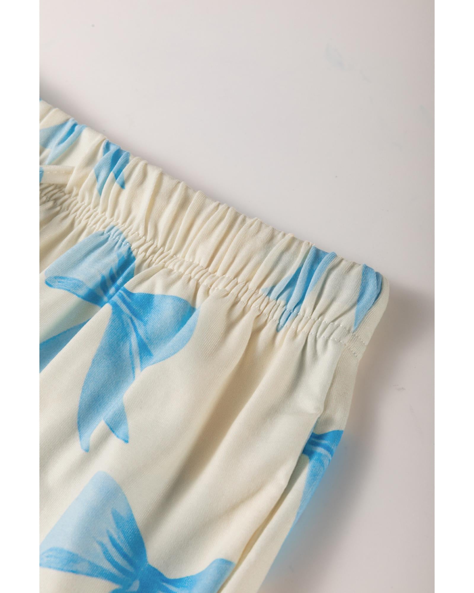 Yellow Bow Printed Short Sleeve Shirt Shorts Pajama Set - L