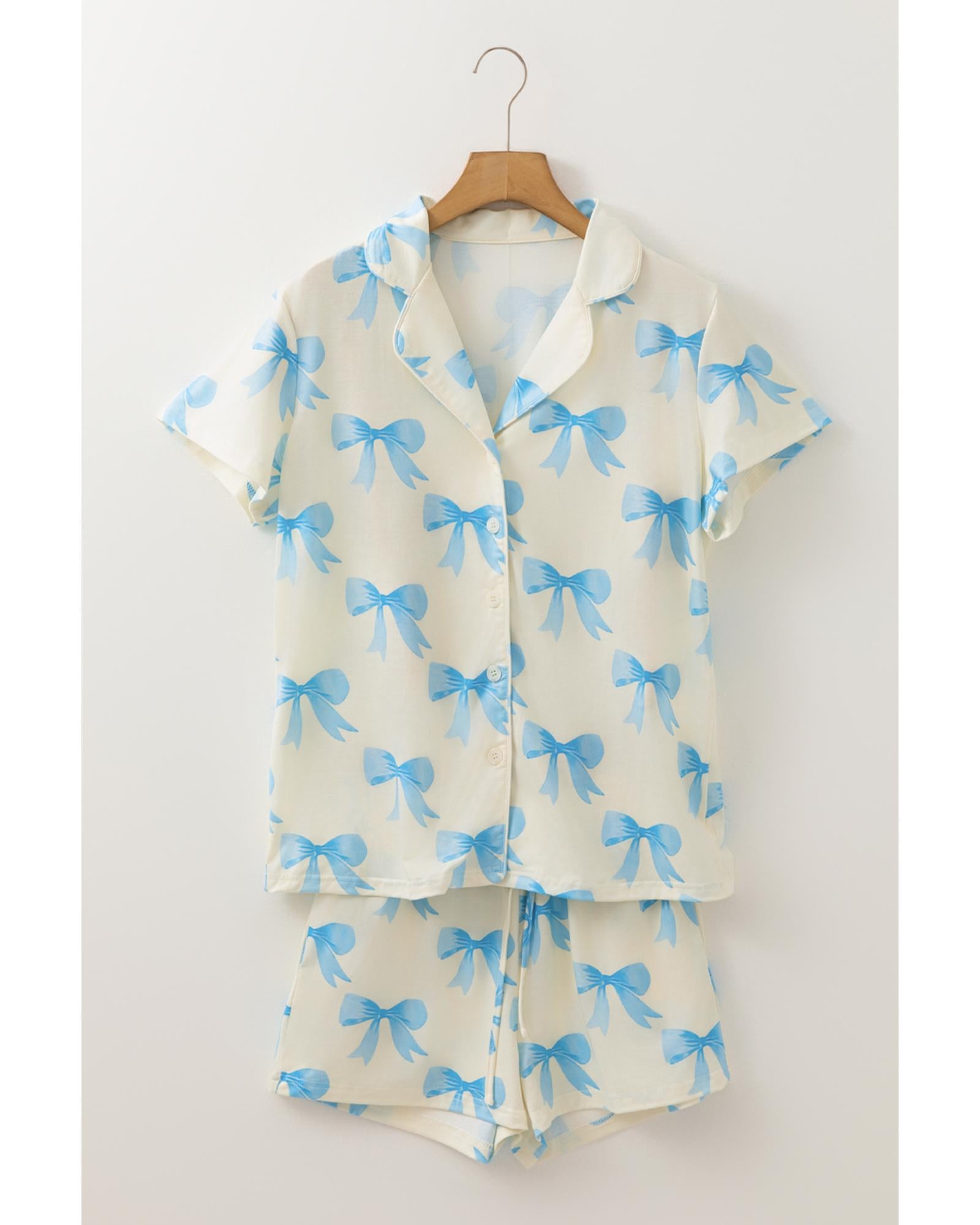 Yellow Bow Printed Short Sleeve Shirt Shorts Pajama Set - S
