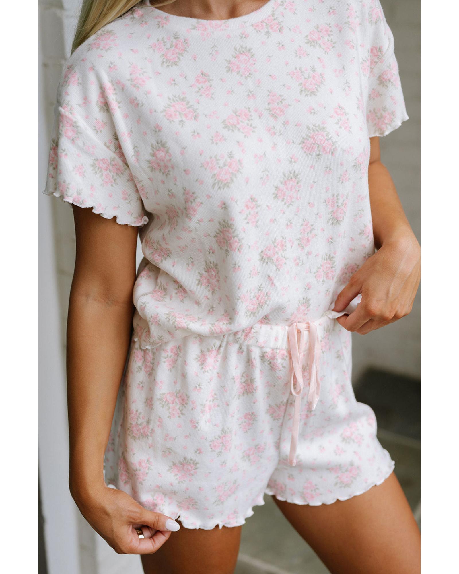 Pink Floral Lettuce Trim Tee and Shorts Ribbed Lounge Set - M