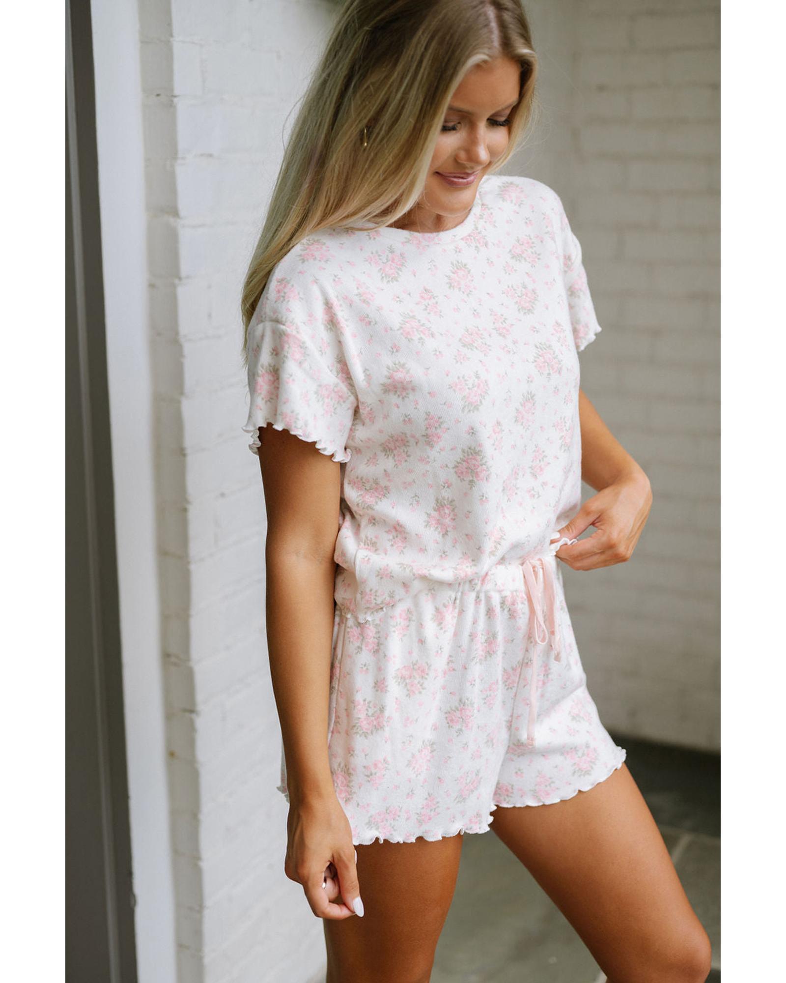 Pink Floral Lettuce Trim Tee and Shorts Ribbed Lounge Set - M