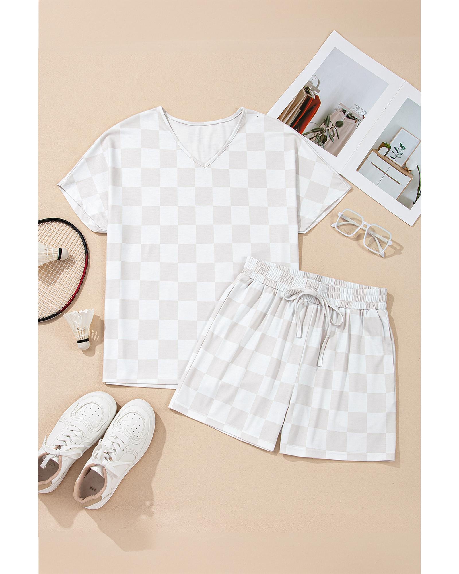 Beige Checkered V Neck Tee Drawstring Shorts Lounge Set - XL