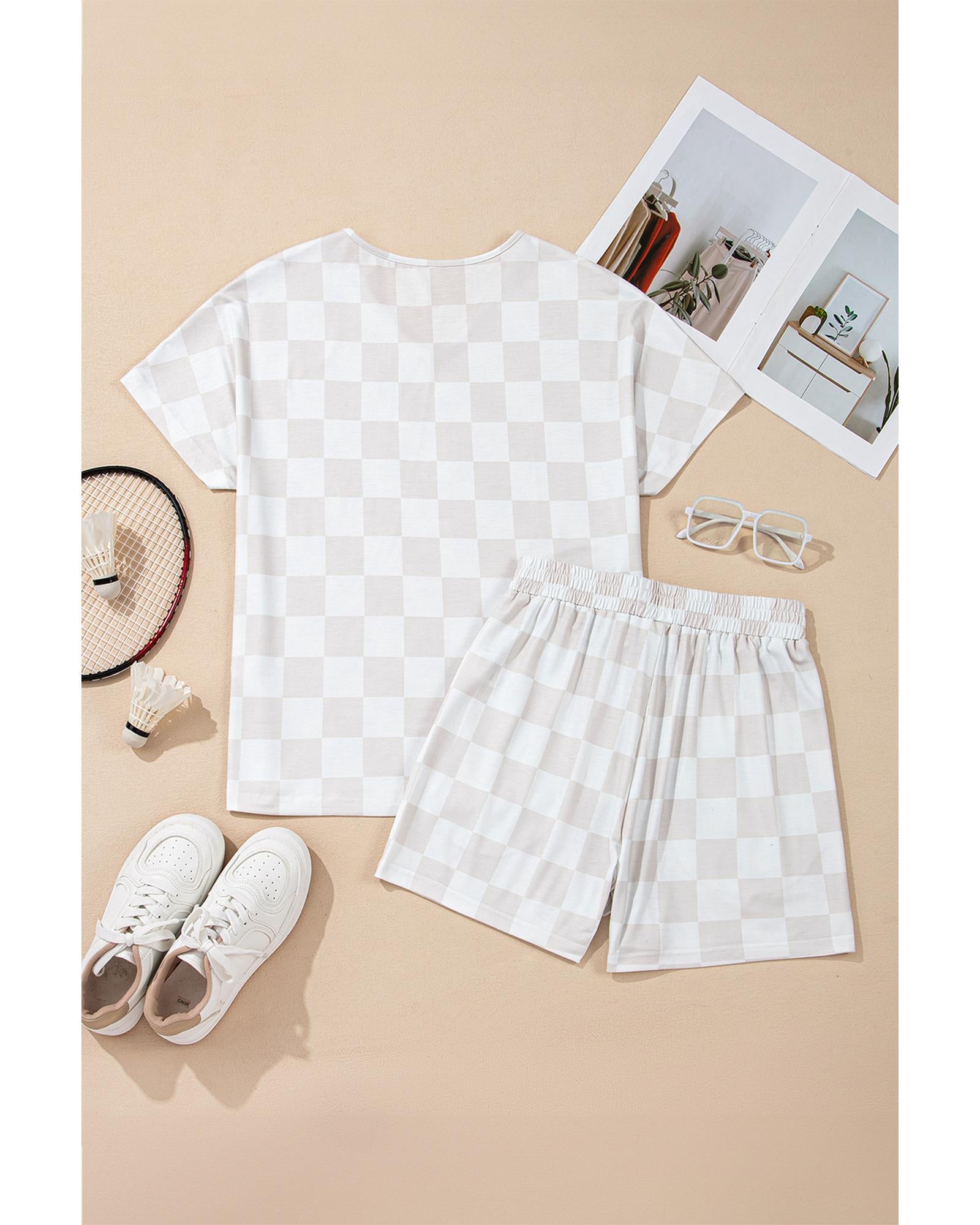 Beige Checkered V Neck Tee Drawstring Shorts Lounge Set - XL
