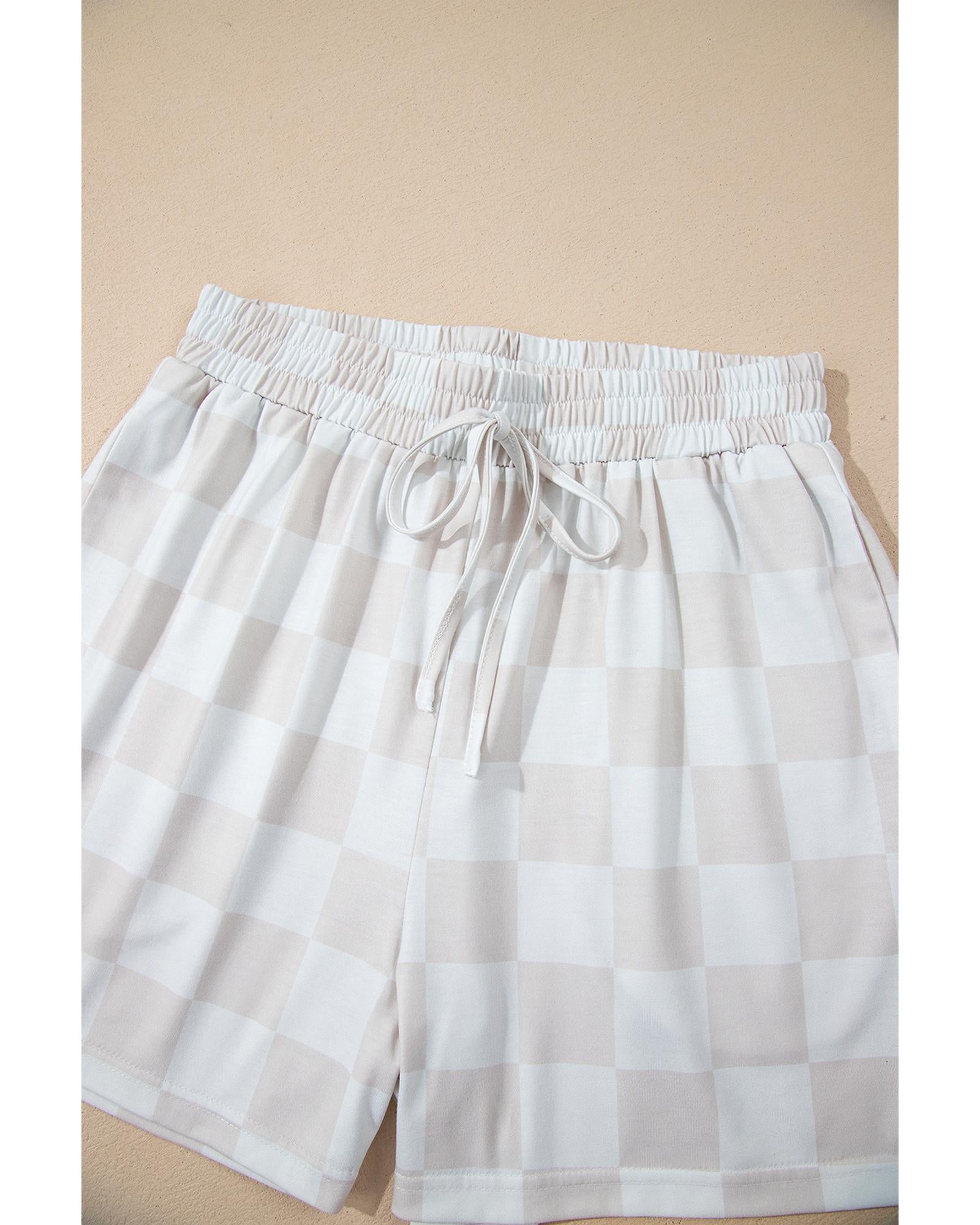 Beige Checkered V Neck Tee Drawstring Shorts Lounge Set - XL