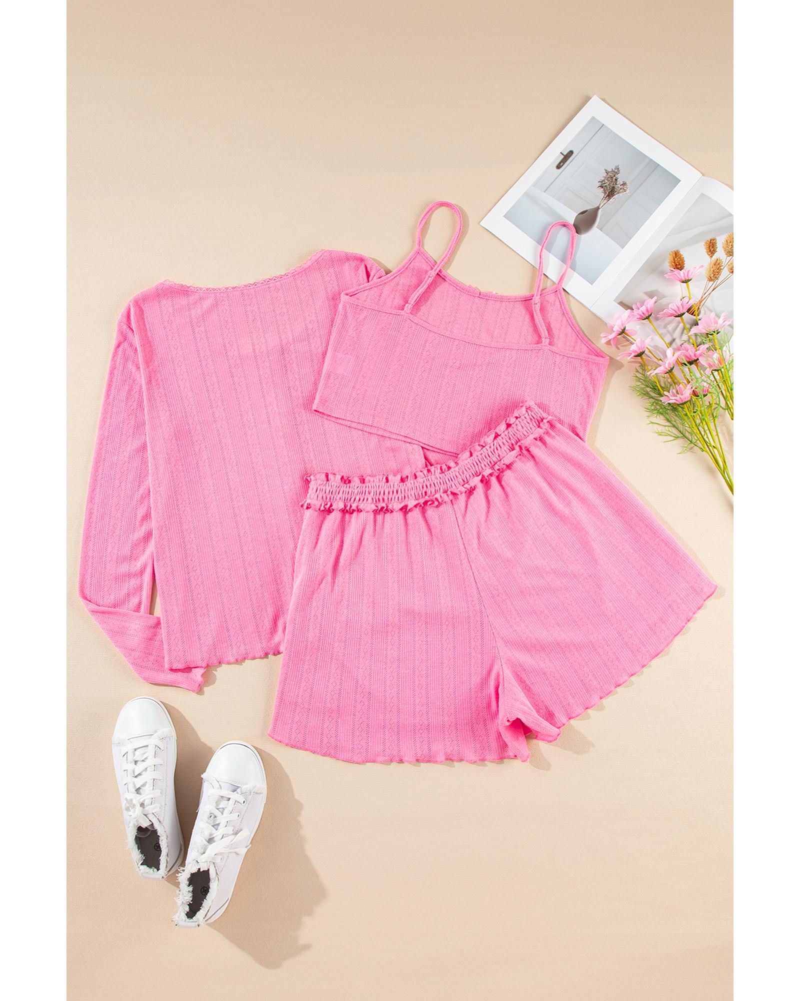 Bonbon Delicate Texture Cropped Cami Shorts and Cardigan 3pcs Lounge Set - L