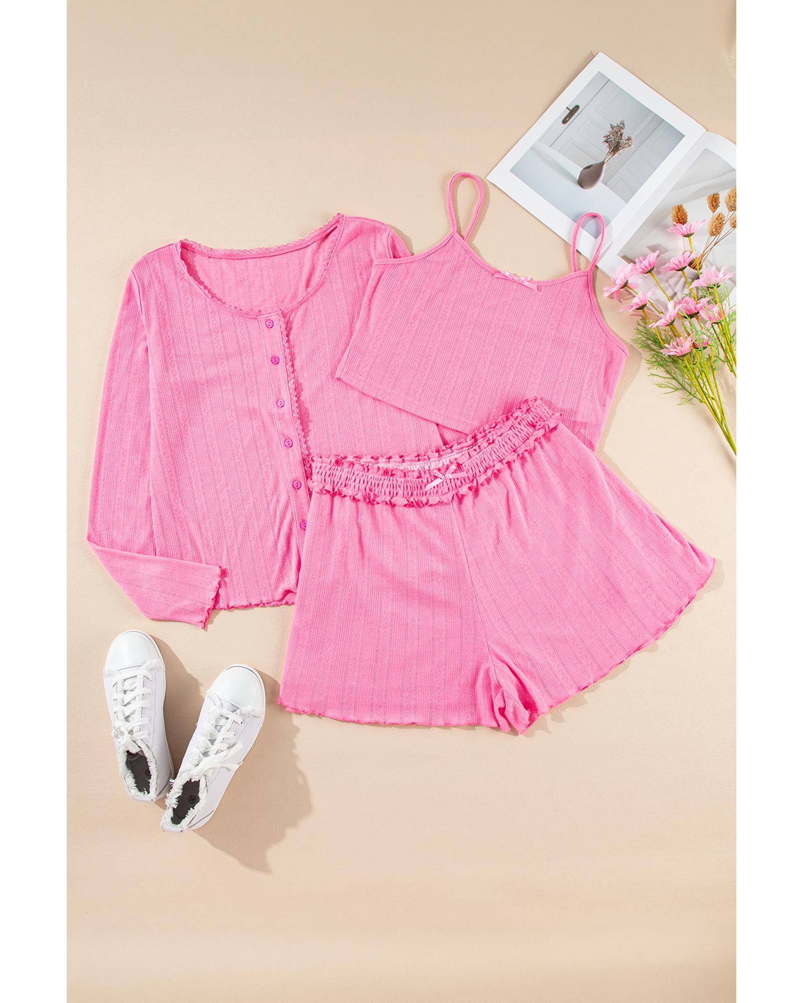 Bonbon Delicate Texture Cropped Cami Shorts and Cardigan 3pcs Lounge Set - XL