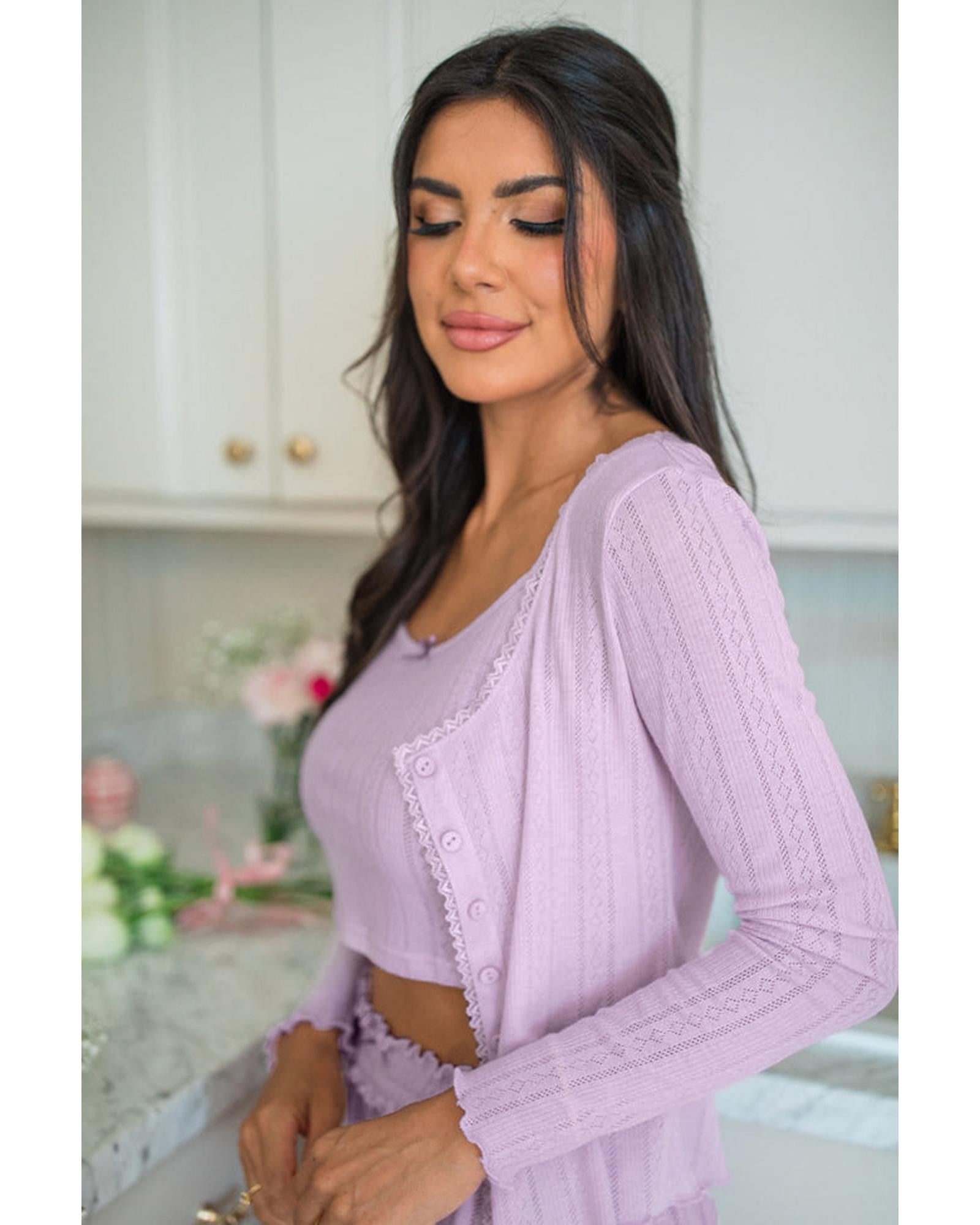 Orchid Petal Delicate Texture Cropped Cami Shorts and Cardigan 3pcs Lounge Set - L