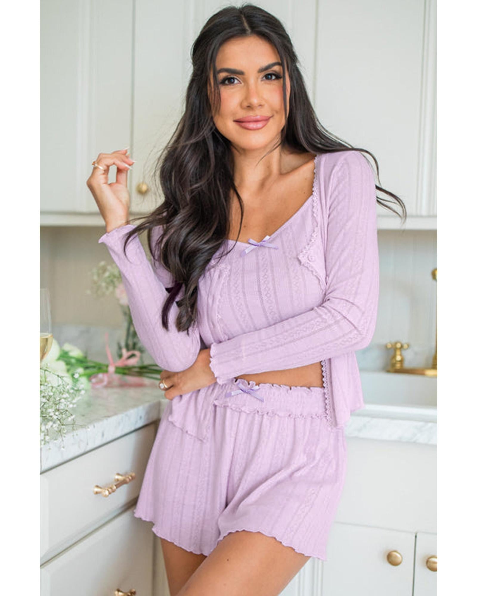 Orchid Petal Delicate Texture Cropped Cami Shorts and Cardigan 3pcs Lounge Set - M