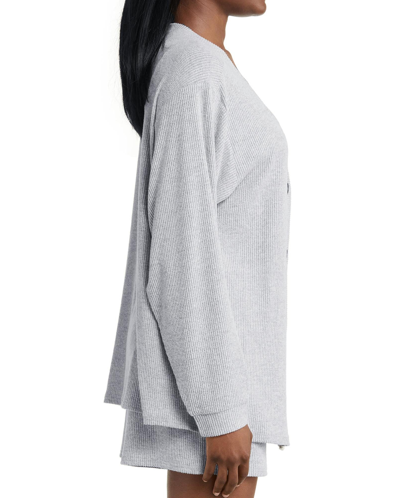 Light Grey 3 Pieces Rib Crop Camisole Matching Shorts Lounge Set with Cardigan - L