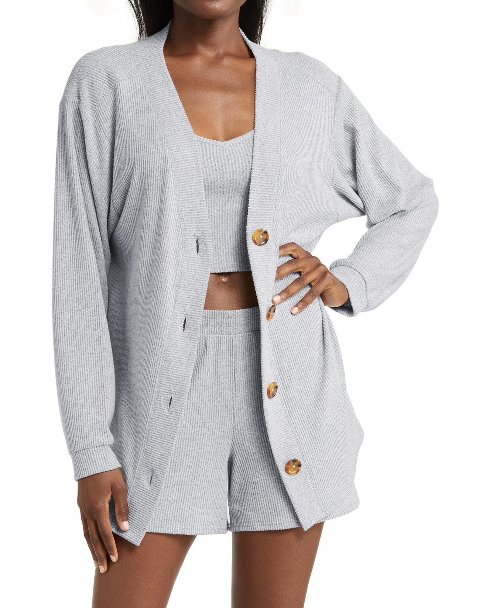 Light Grey 3 Pieces Rib Crop Camisole Matching Shorts Lounge Set with Cardigan - S