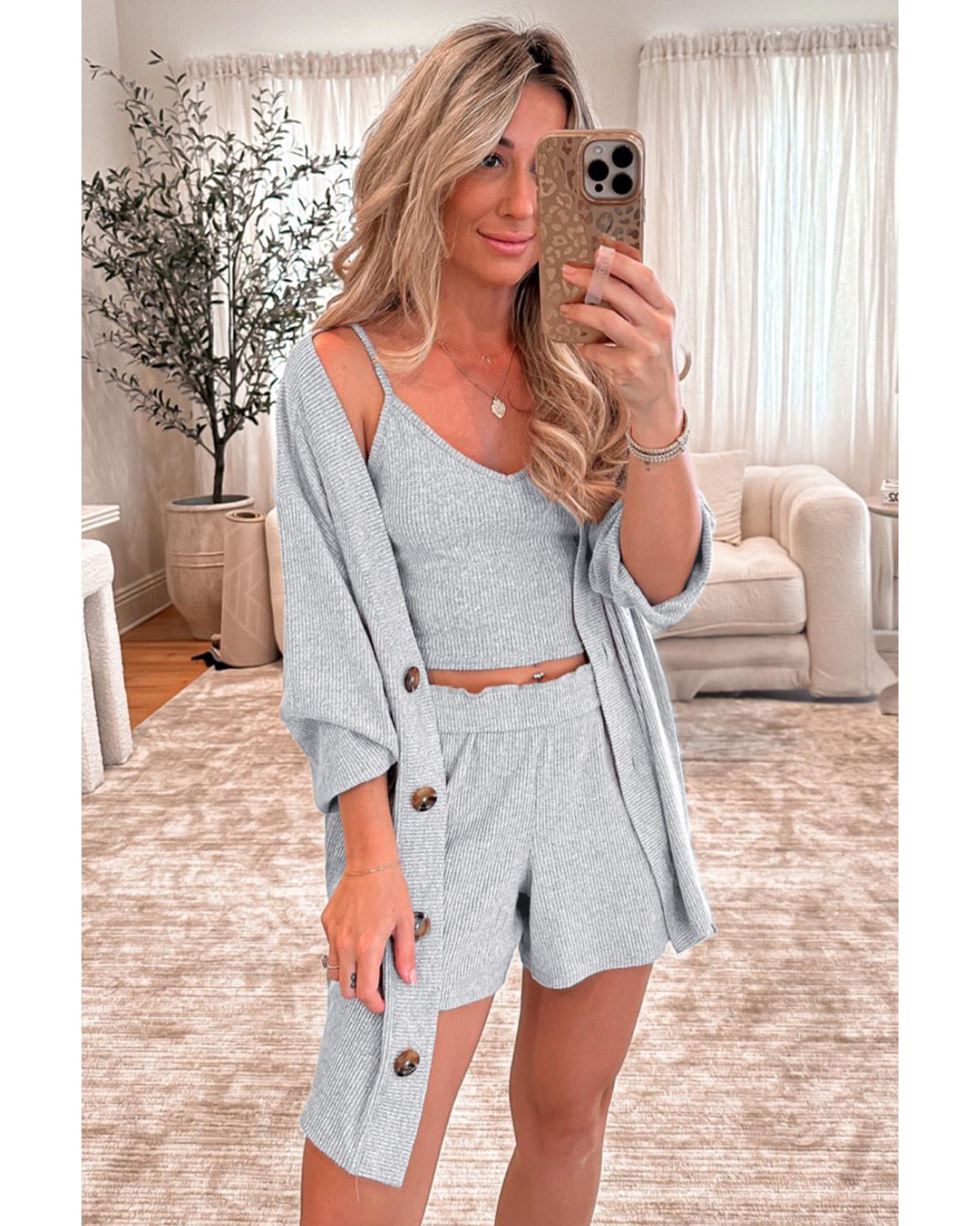 Light Grey 3 Pieces Rib Crop Camisole Matching Shorts Lounge Set with Cardigan - S