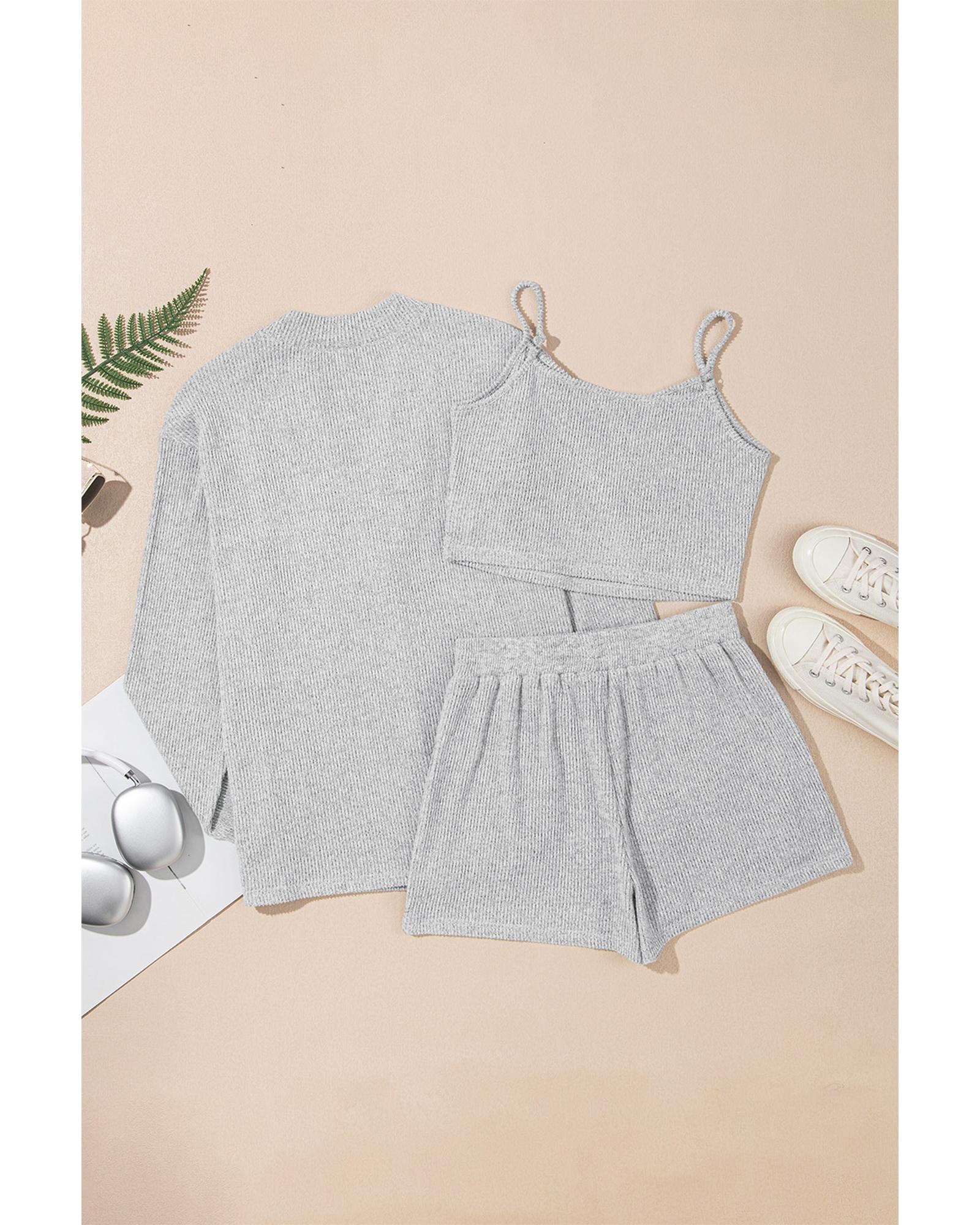 Light Grey 3 Pieces Rib Crop Camisole Matching Shorts Lounge Set with Cardigan - S