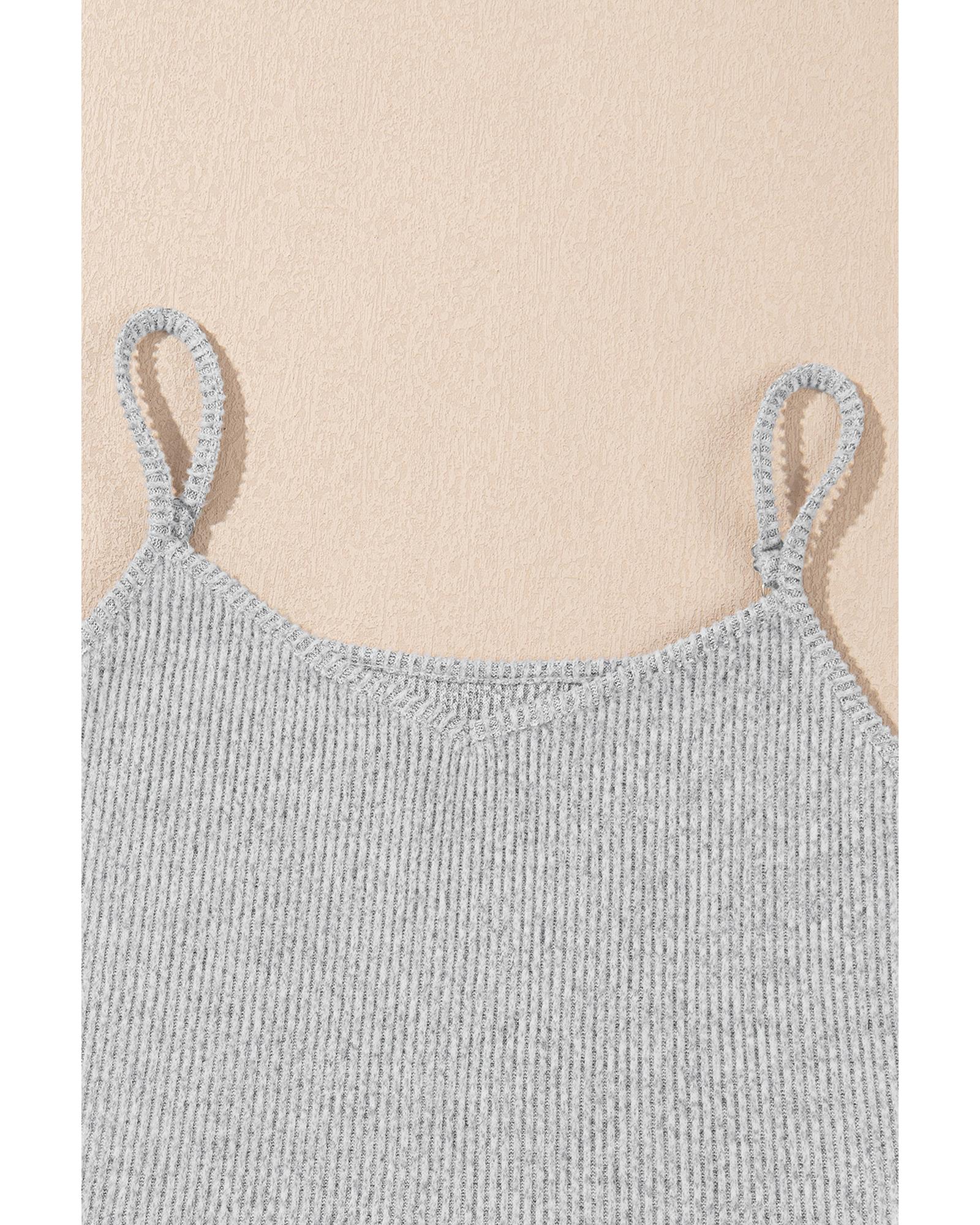 Light Grey 3 Pieces Rib Crop Camisole Matching Shorts Lounge Set with Cardigan - S
