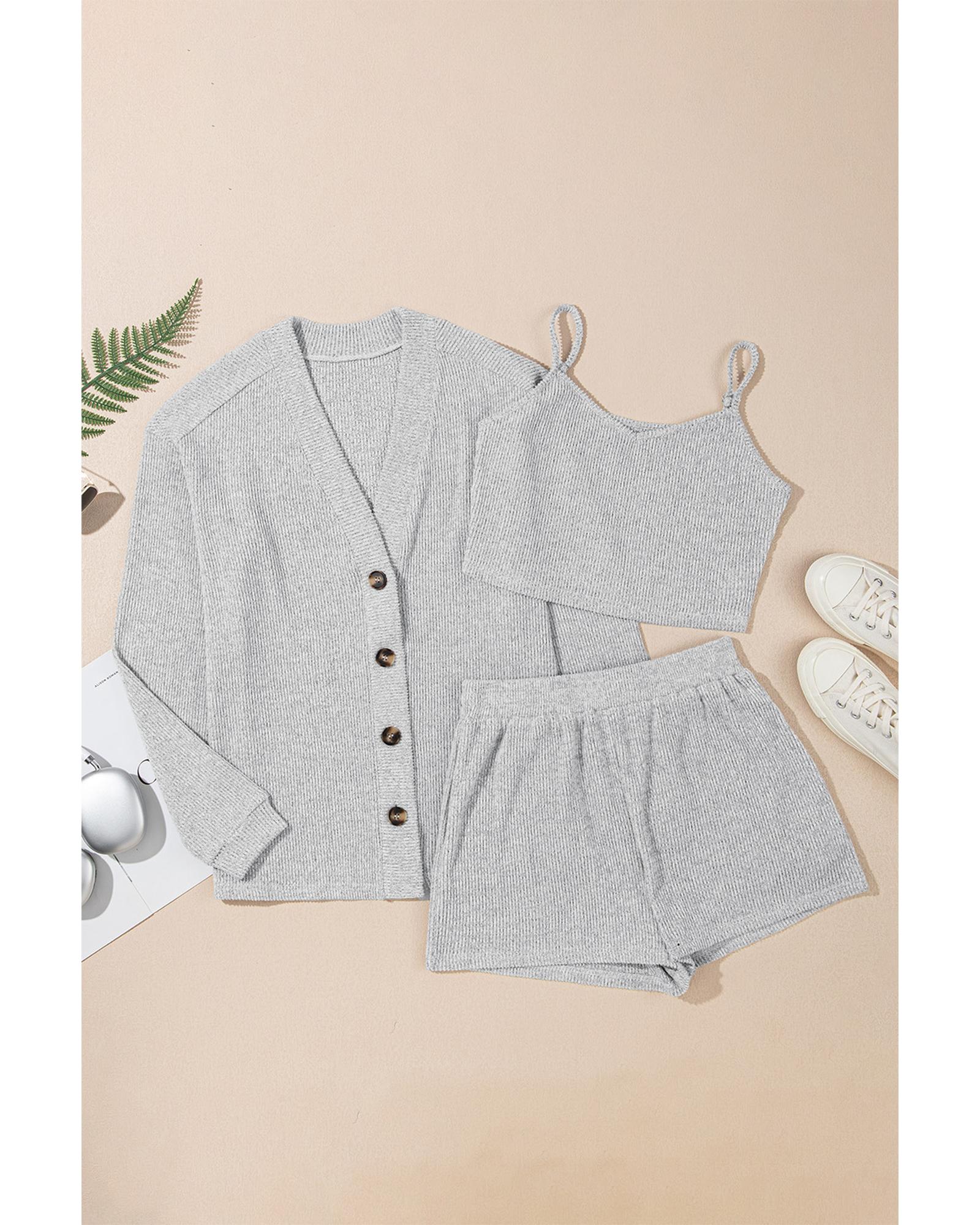 Light Grey 3 Pieces Rib Crop Camisole Matching Shorts Lounge Set with Cardigan - XL