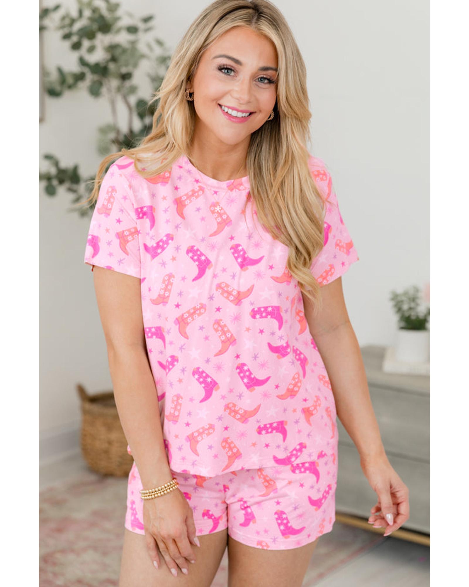 Pink Western Boots Printed Short 2pcs Lounge Set - L
