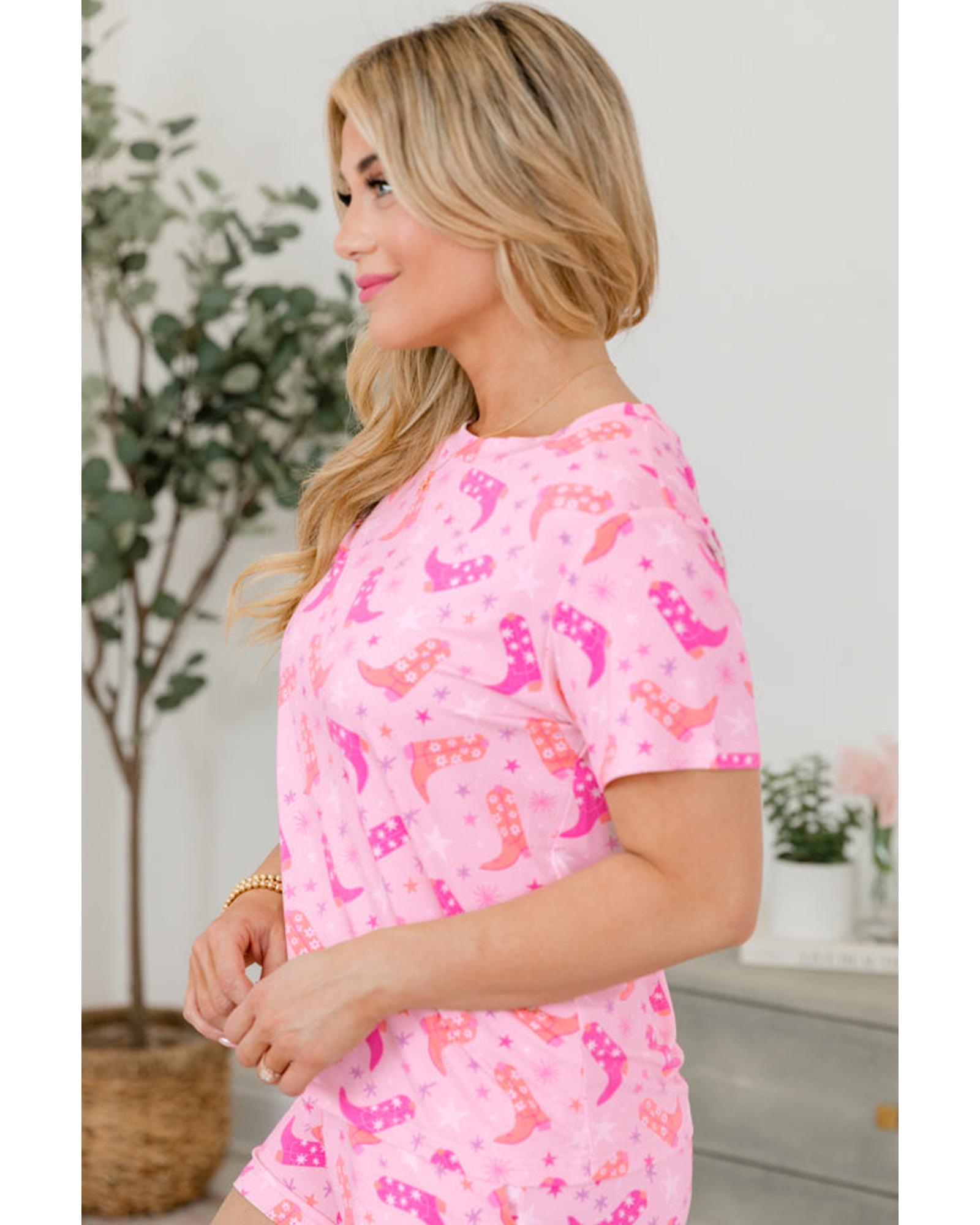 Pink Western Boots Printed Short 2pcs Lounge Set - M