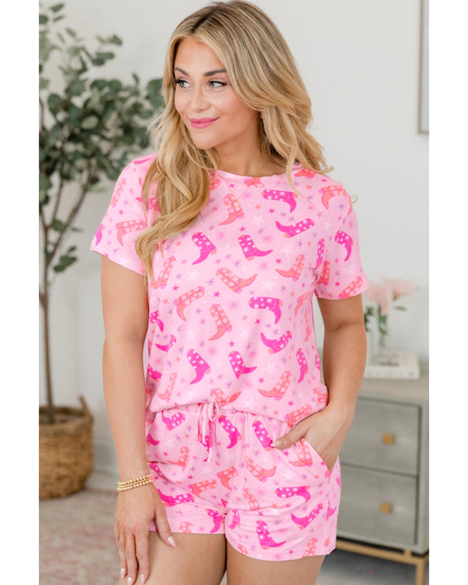 Pink Western Boots Printed Short 2pcs Lounge Set - S