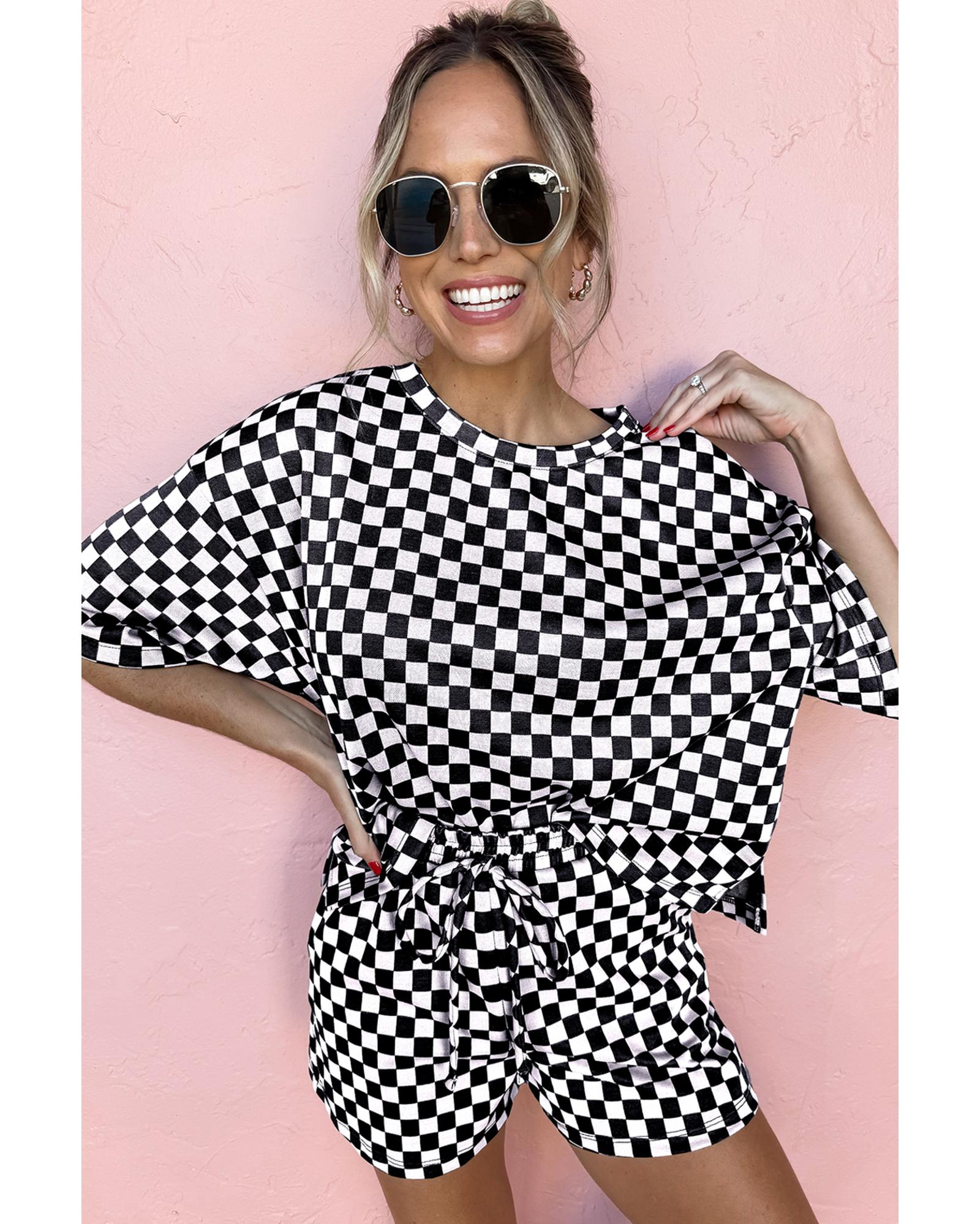 Black Checkered Top and Short Casual 2pcs Set - L