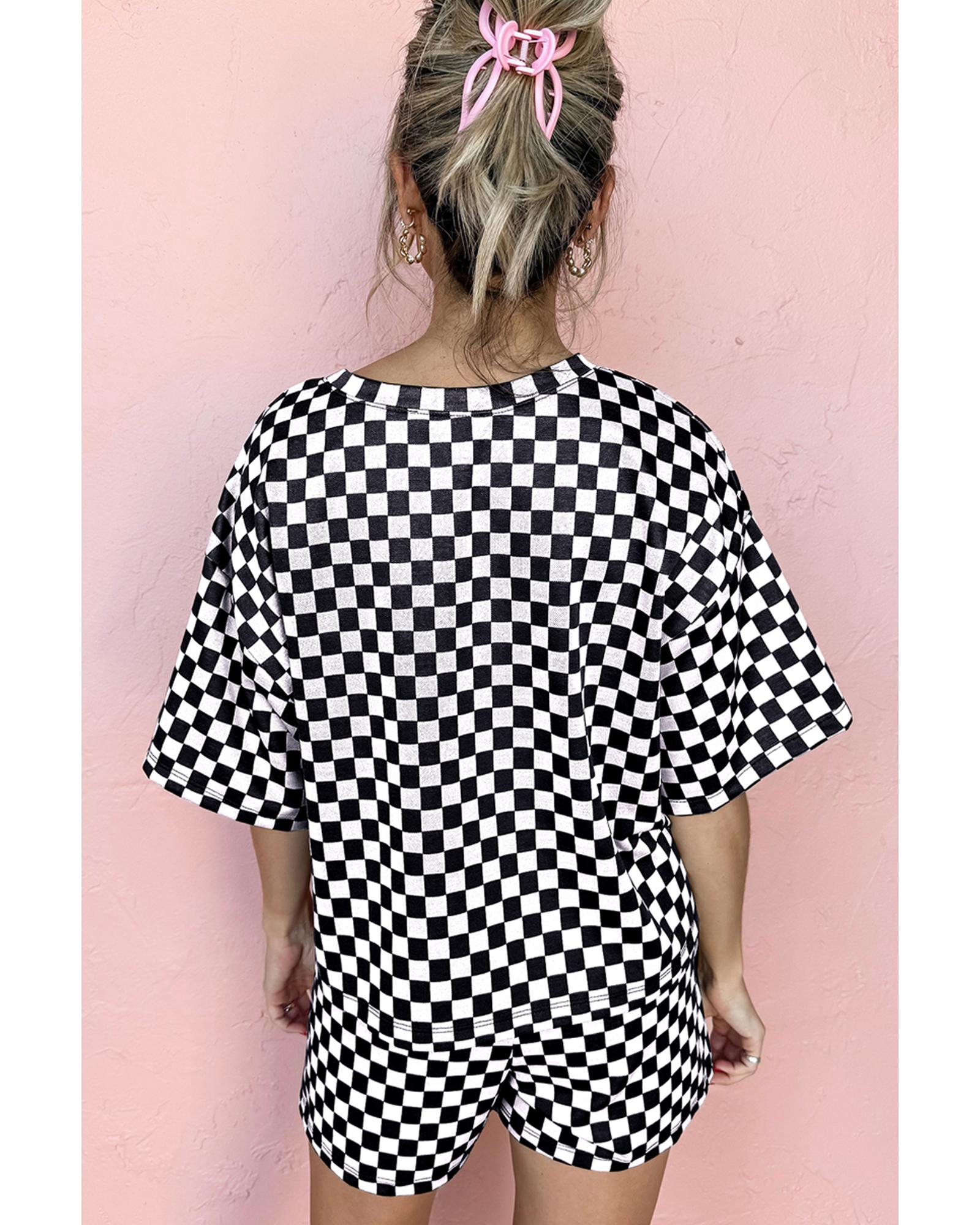 Black Checkered Top and Short Casual 2pcs Set - M