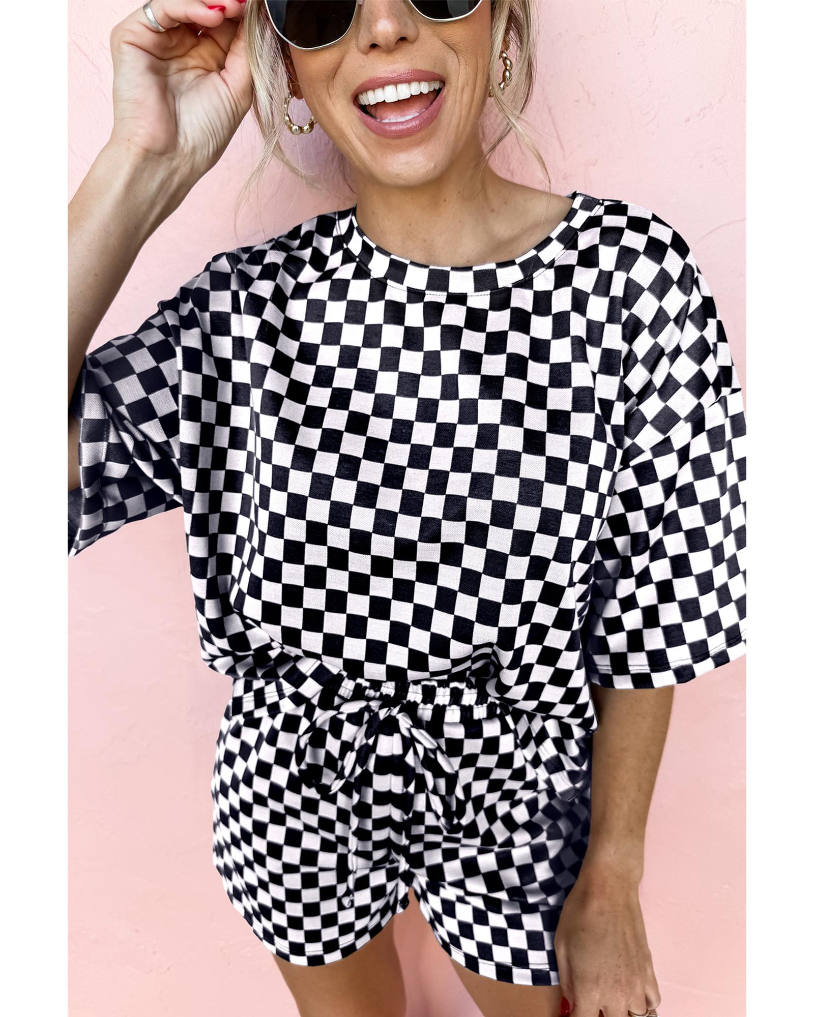 Black Checkered Top and Short Casual 2pcs Set - S