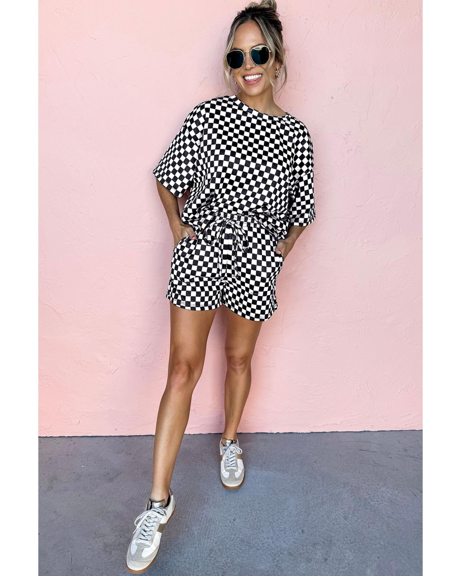 Black Checkered Top and Short Casual 2pcs Set - S