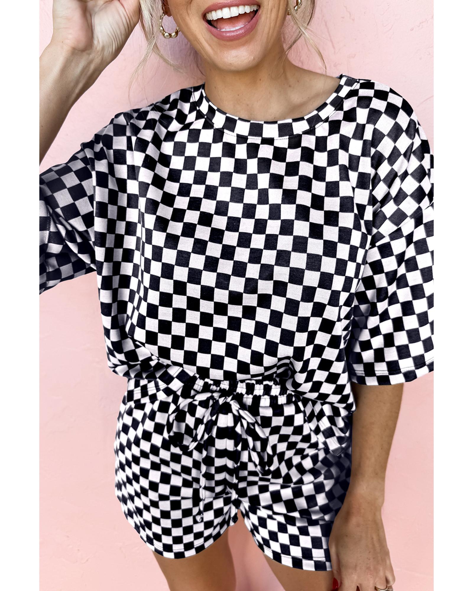 Black Checkered Top and Short Casual 2pcs Set - XL