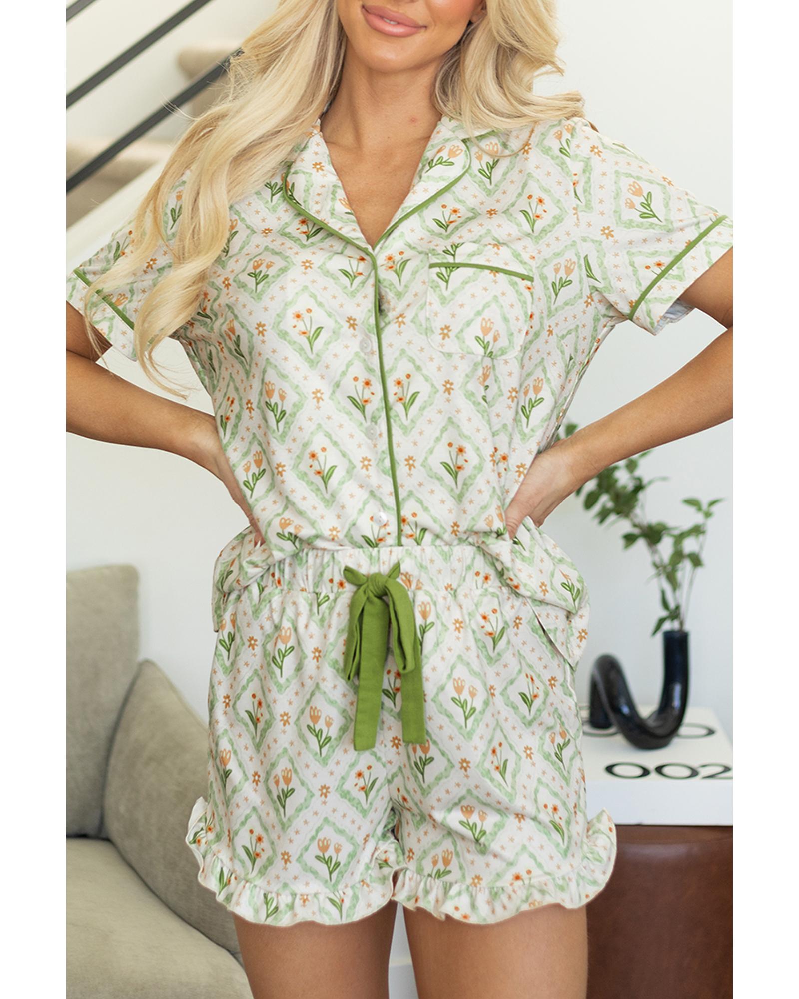 Green Floral Print Turn-down Collar Short Pajamas Set - XL