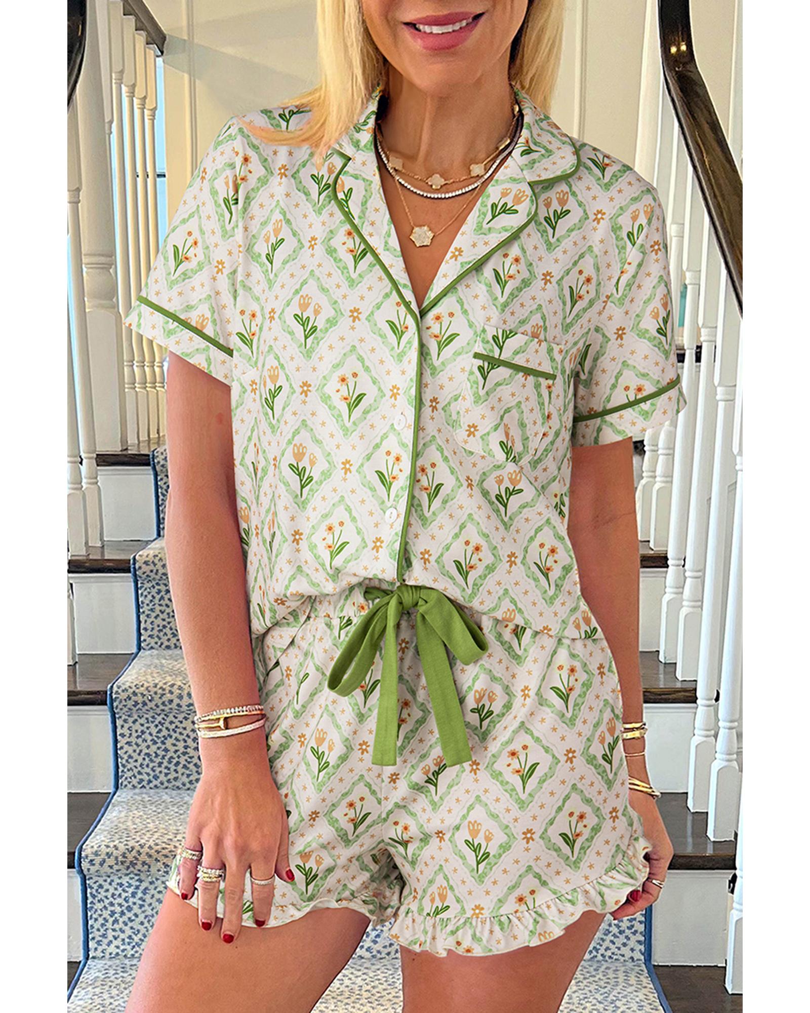 Green Floral Print Turn-down Collar Short Pajamas Set - XL