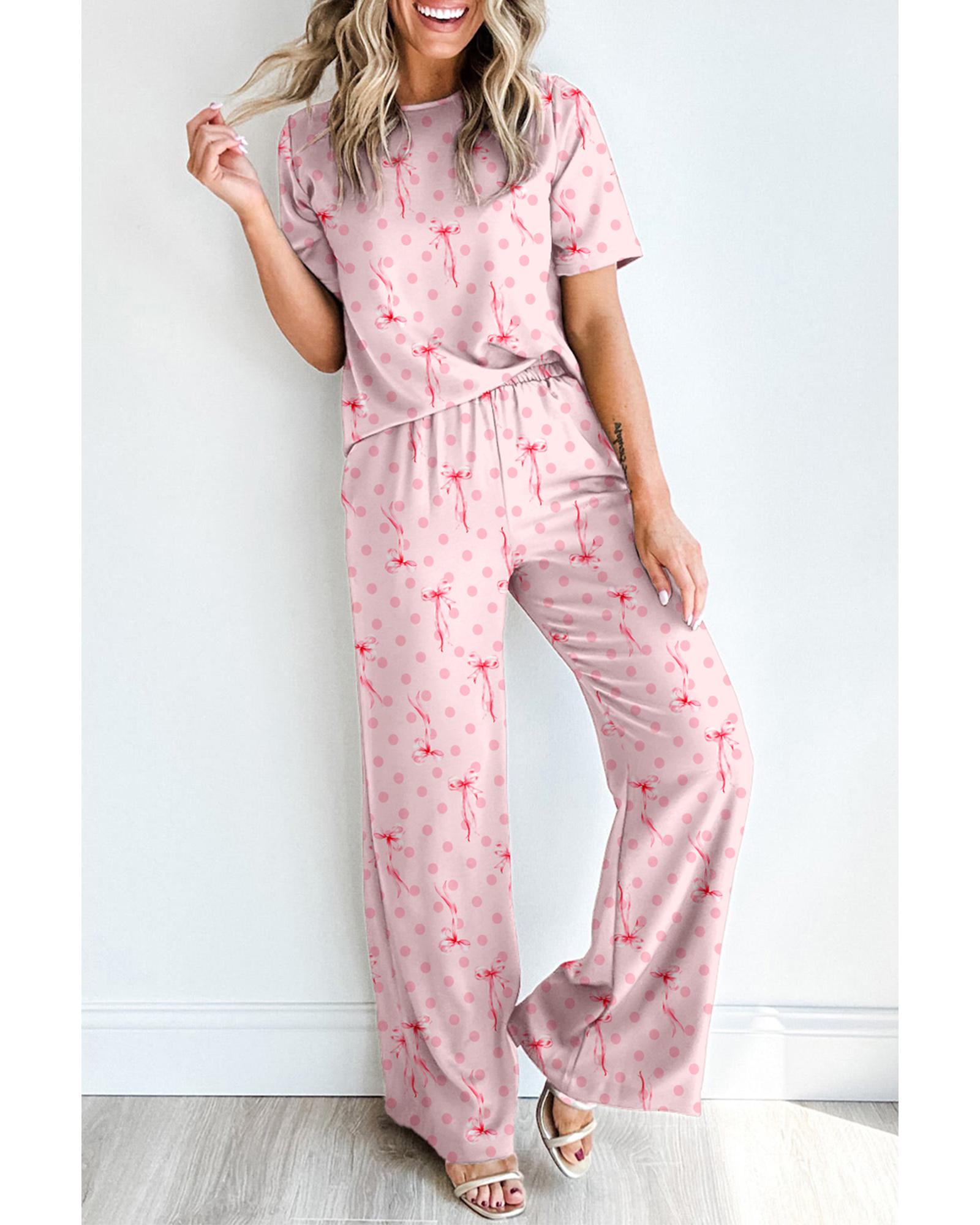 Pink Bow Knot Polka Dot Print Short Sleeve Top Lounge Set - L
