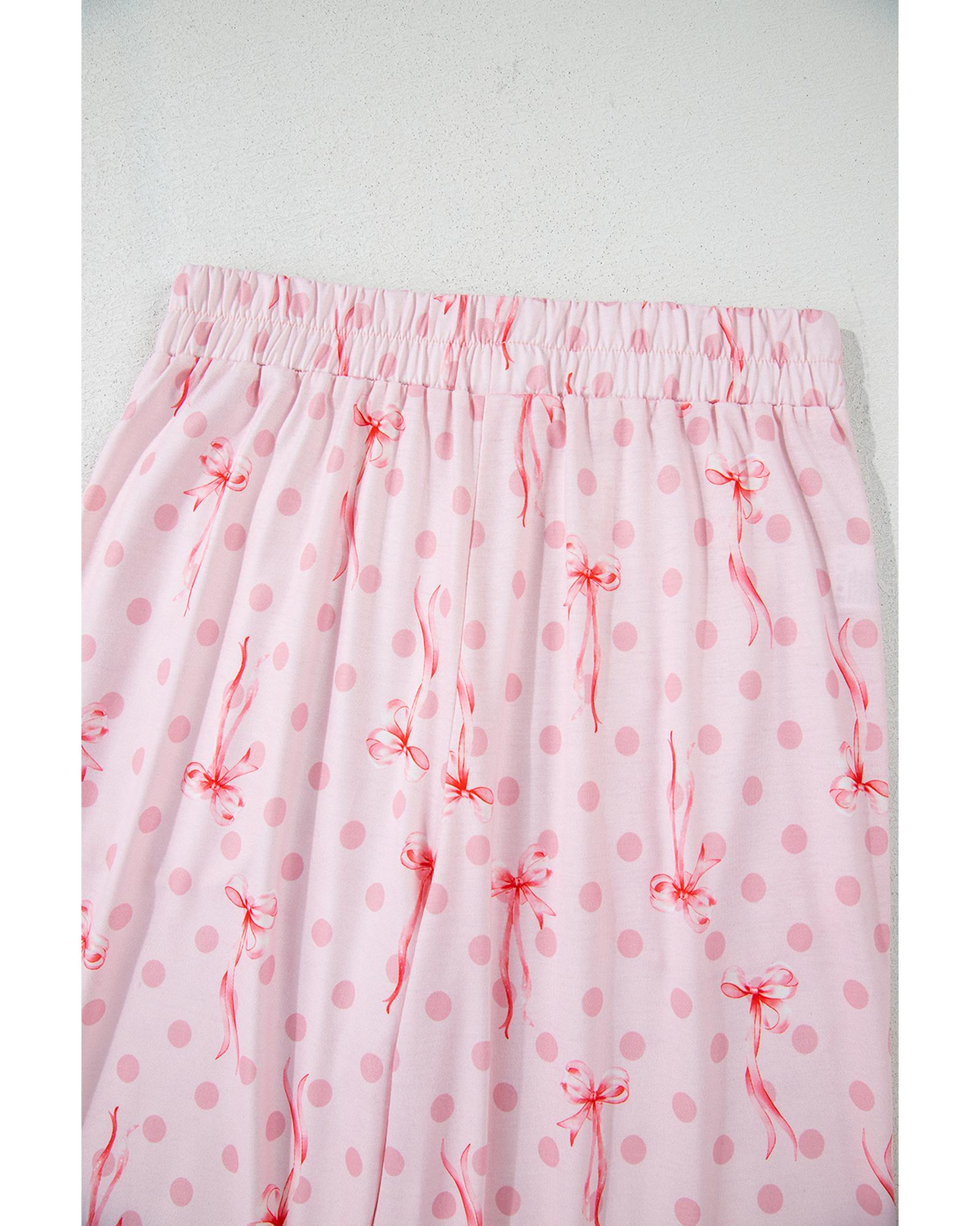 Pink Bow Knot Polka Dot Print Short Sleeve Top Lounge Set - L