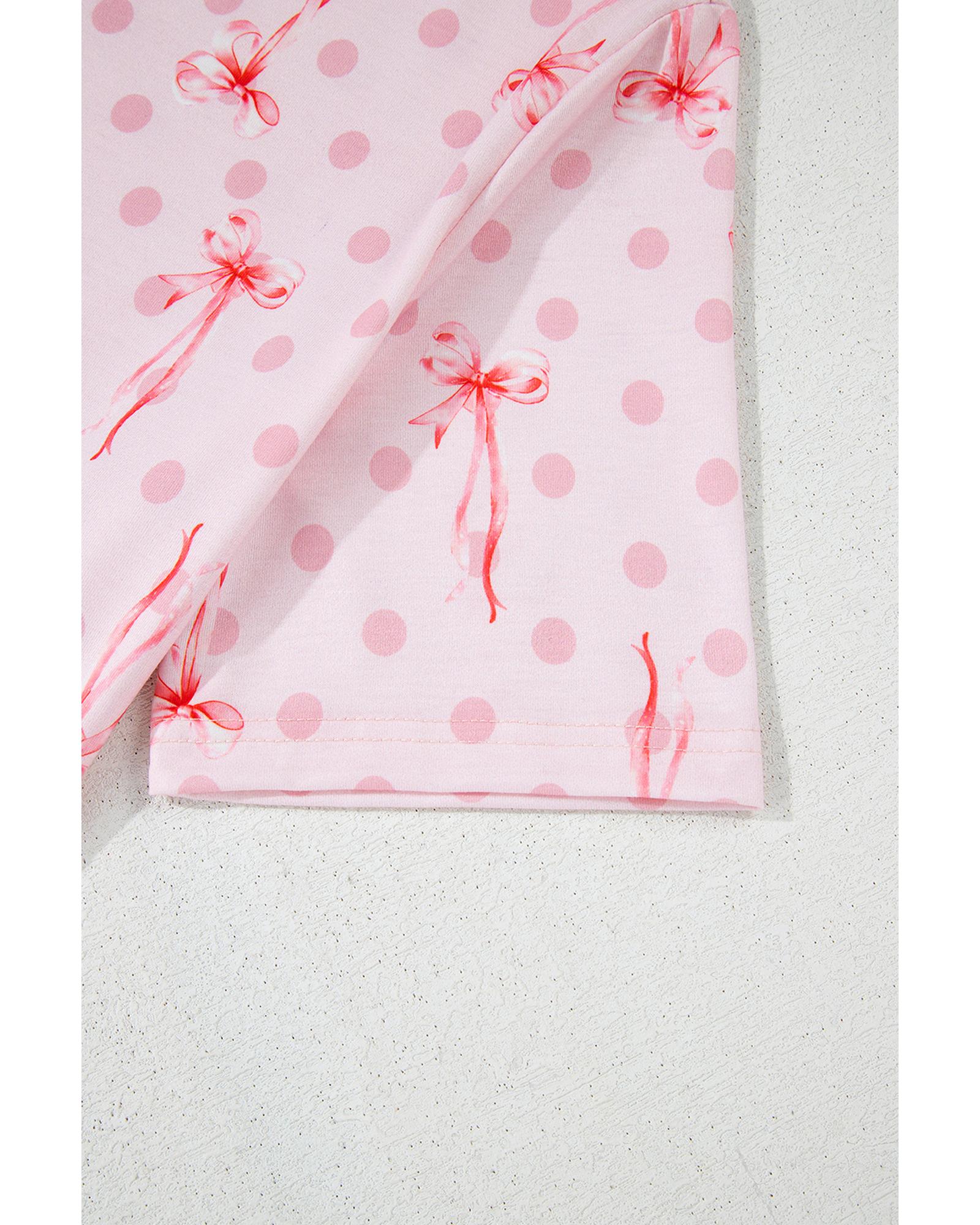 Pink Bow Knot Polka Dot Print Short Sleeve Top Lounge Set - L