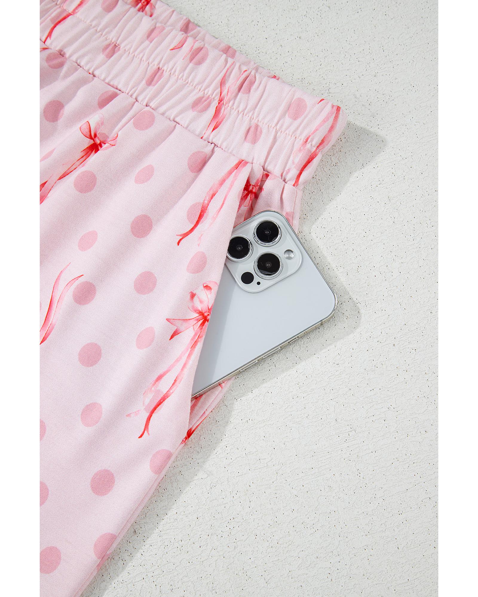 Pink Bow Knot Polka Dot Print Short Sleeve Top Lounge Set - M