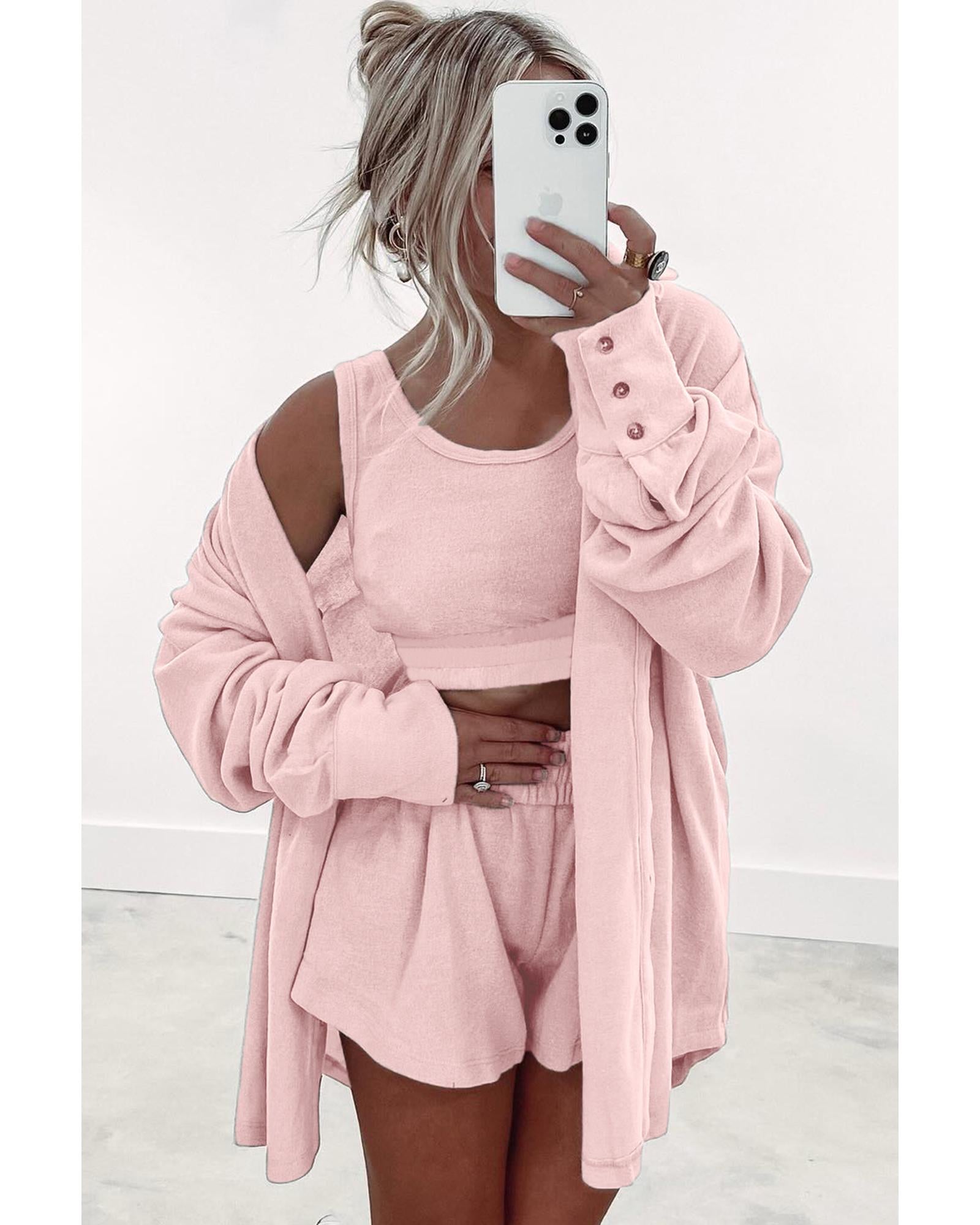 Light Pink 3 Pcs Crop Tank Top Shorts with Cardigan Lounge Set - XL