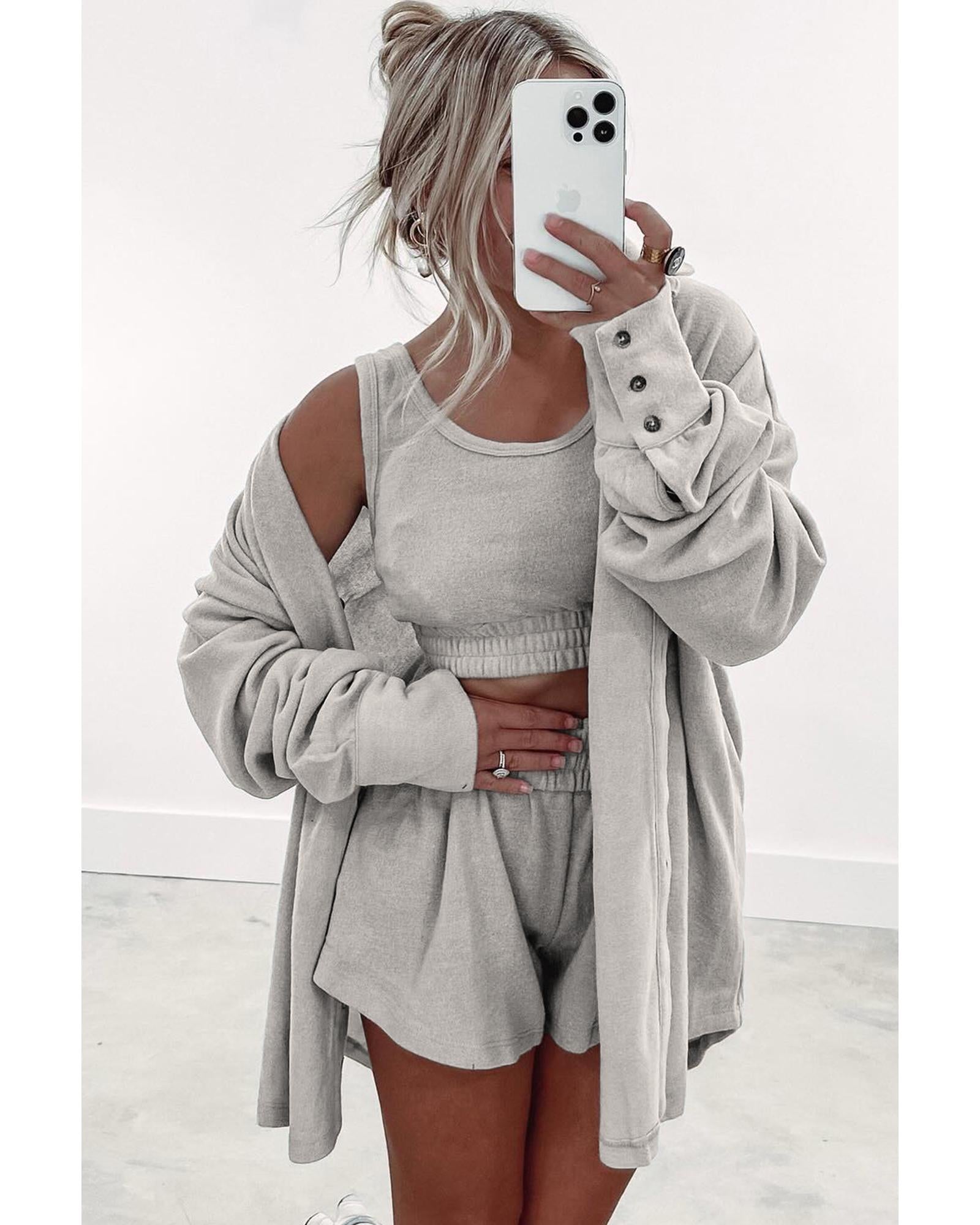 Gray 3 Pcs Crop Tank Top Shorts with Cardigan Lounge Set - M