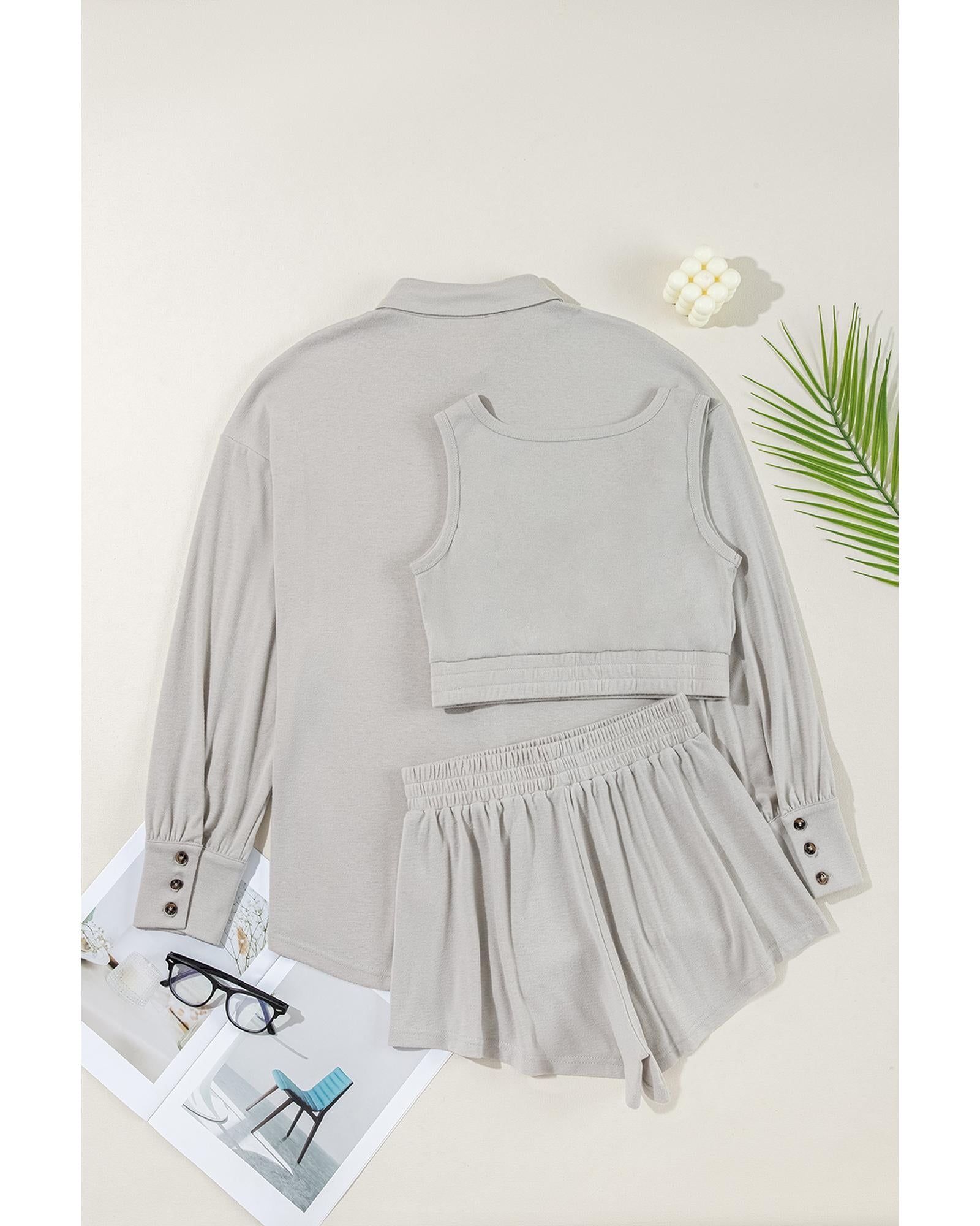 Gray 3 Pcs Crop Tank Top Shorts with Cardigan Lounge Set - M