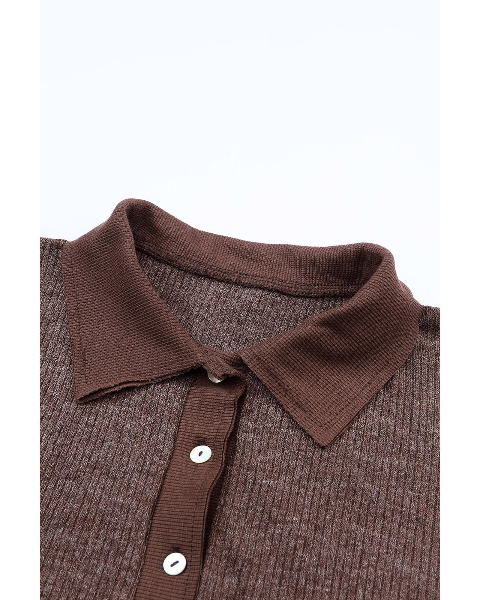 Brown Ribbed Knit Collared Henley Top and Pants Lounge Outfit - L