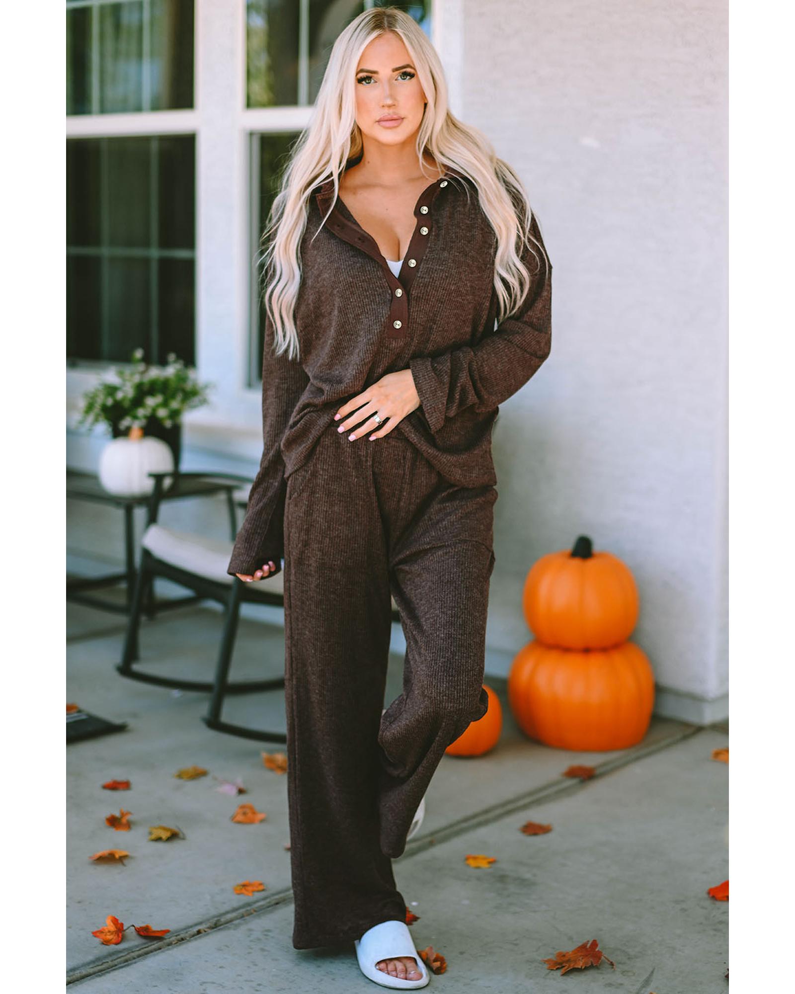 Brown Ribbed Knit Collared Henley Top and Pants Lounge Outfit - L