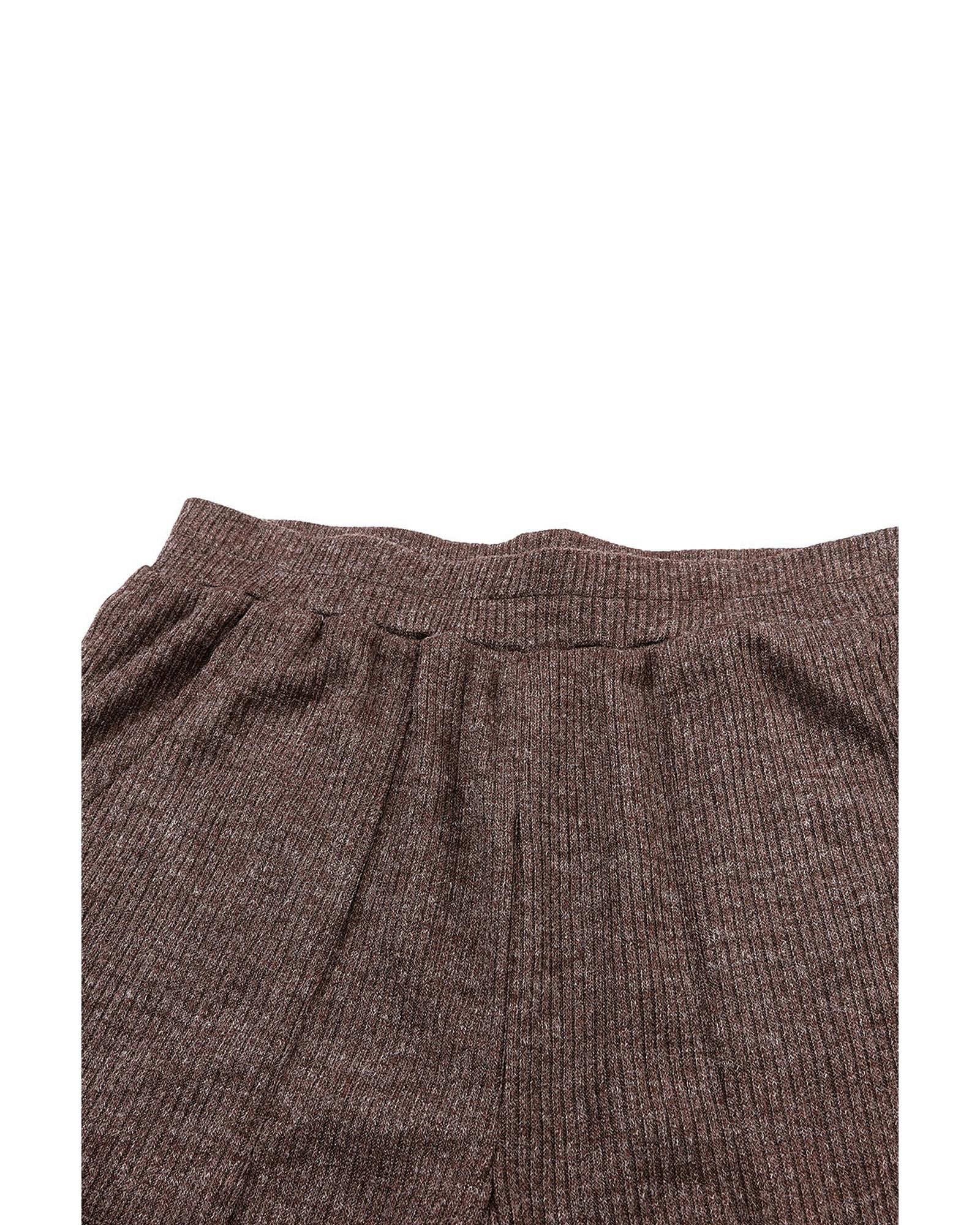 Brown Ribbed Knit Collared Henley Top and Pants Lounge Outfit - XL