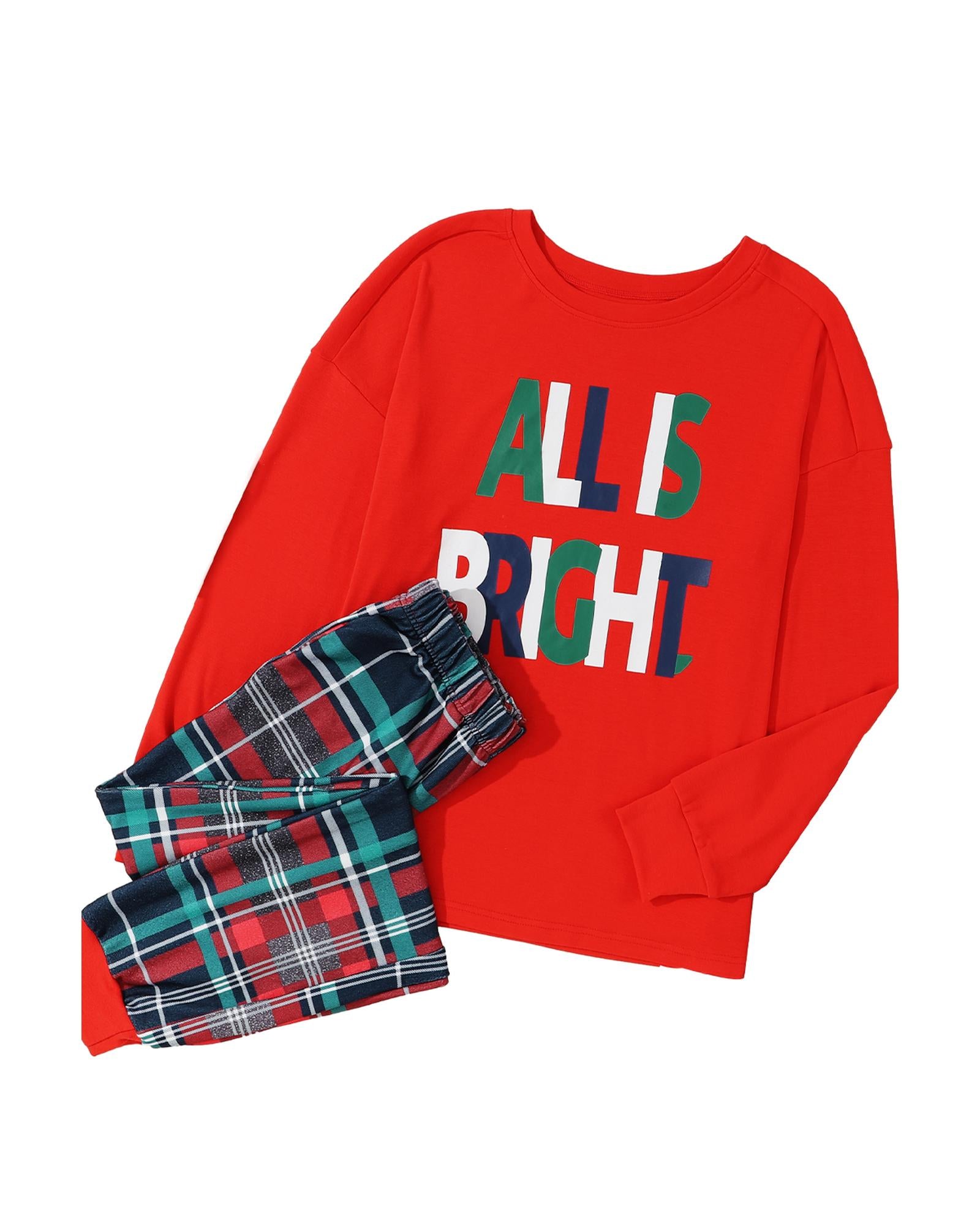 Multicolor ALL IS BRIGHT Graphic Christmas Plaid Pajamas Set - L