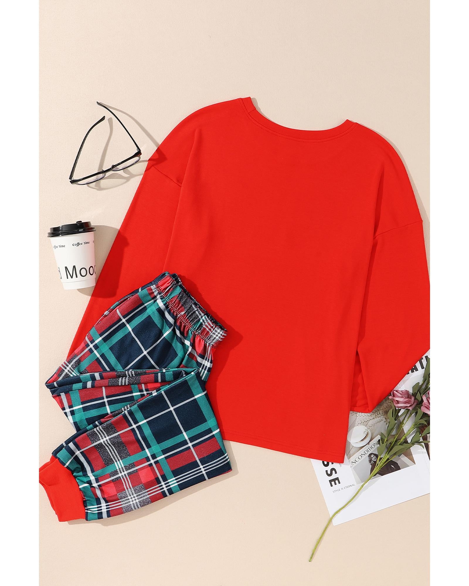Multicolor ALL IS BRIGHT Graphic Christmas Plaid Pajamas Set - L