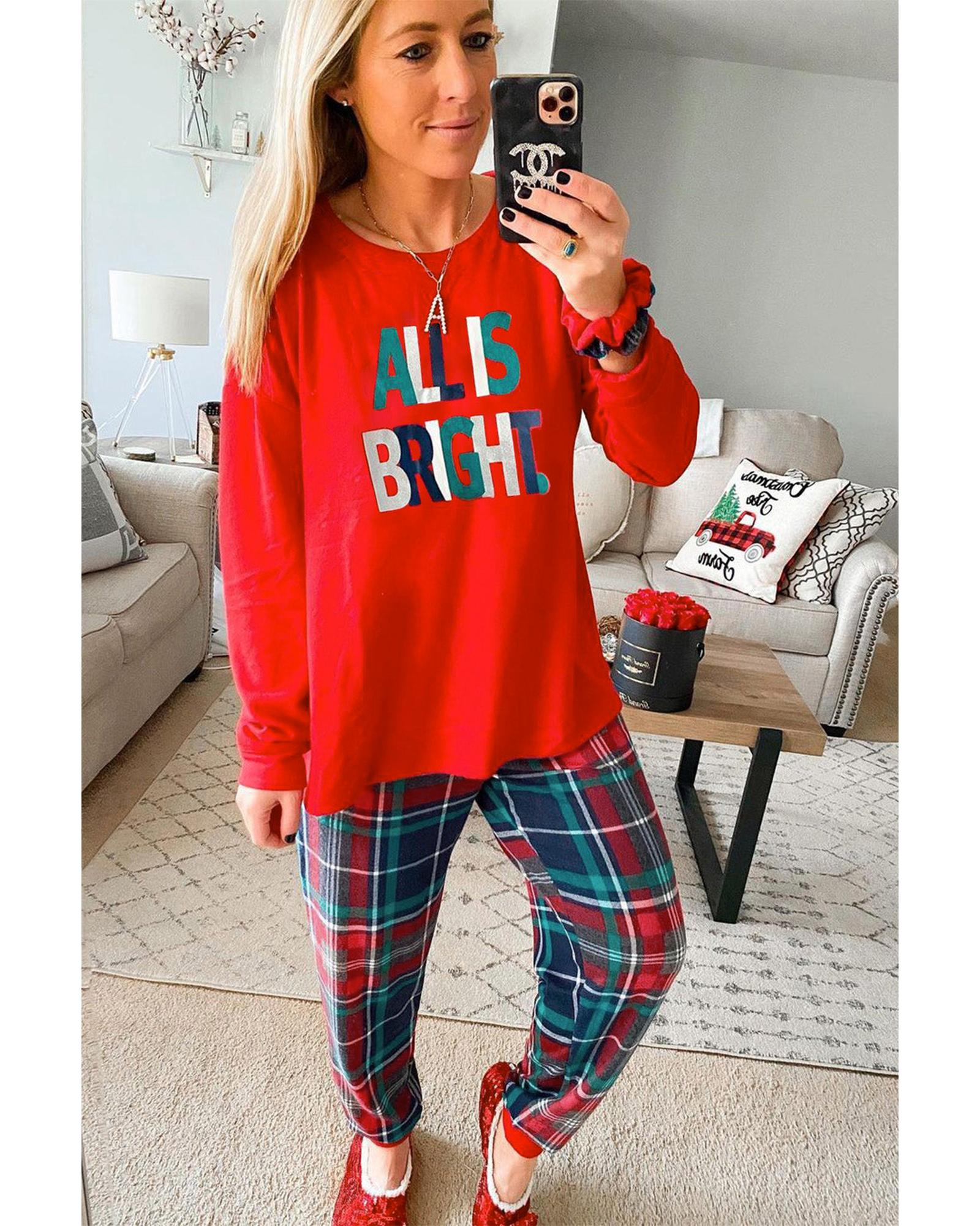 Multicolor ALL IS BRIGHT Graphic Christmas Plaid Pajamas Set - M