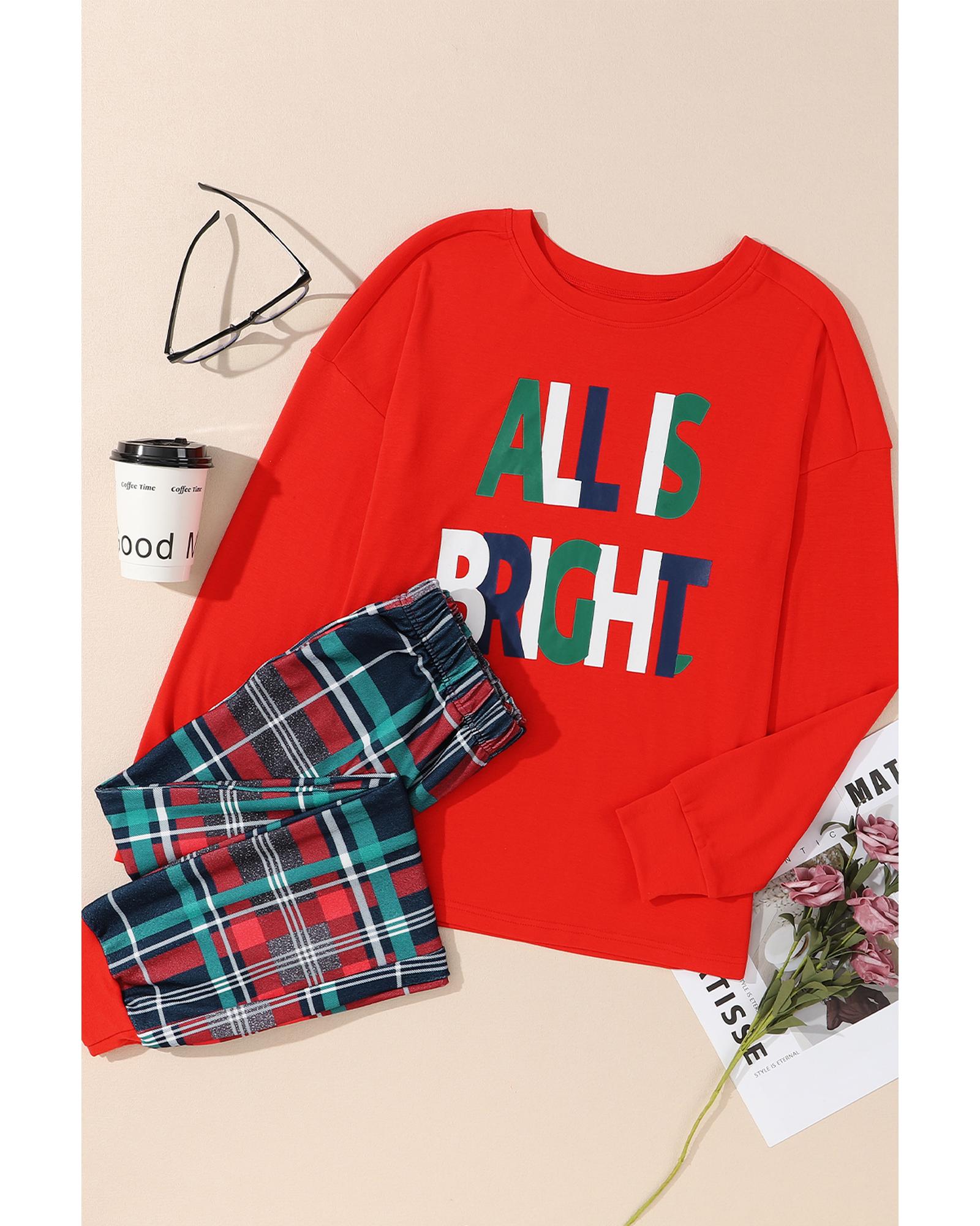 Multicolor ALL IS BRIGHT Graphic Christmas Plaid Pajamas Set - XL