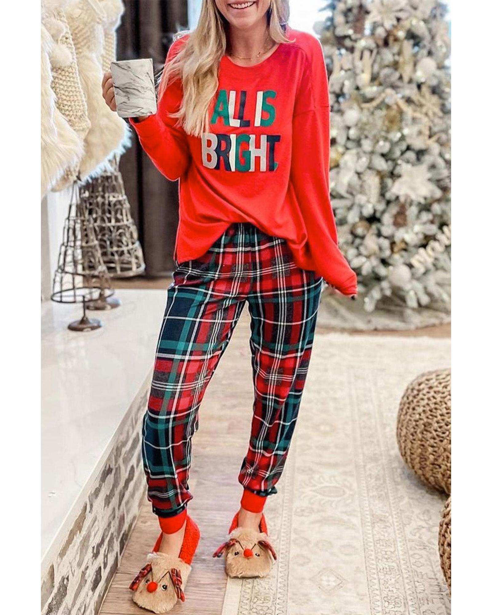 Multicolor ALL IS BRIGHT Graphic Christmas Plaid Pajamas Set - XL