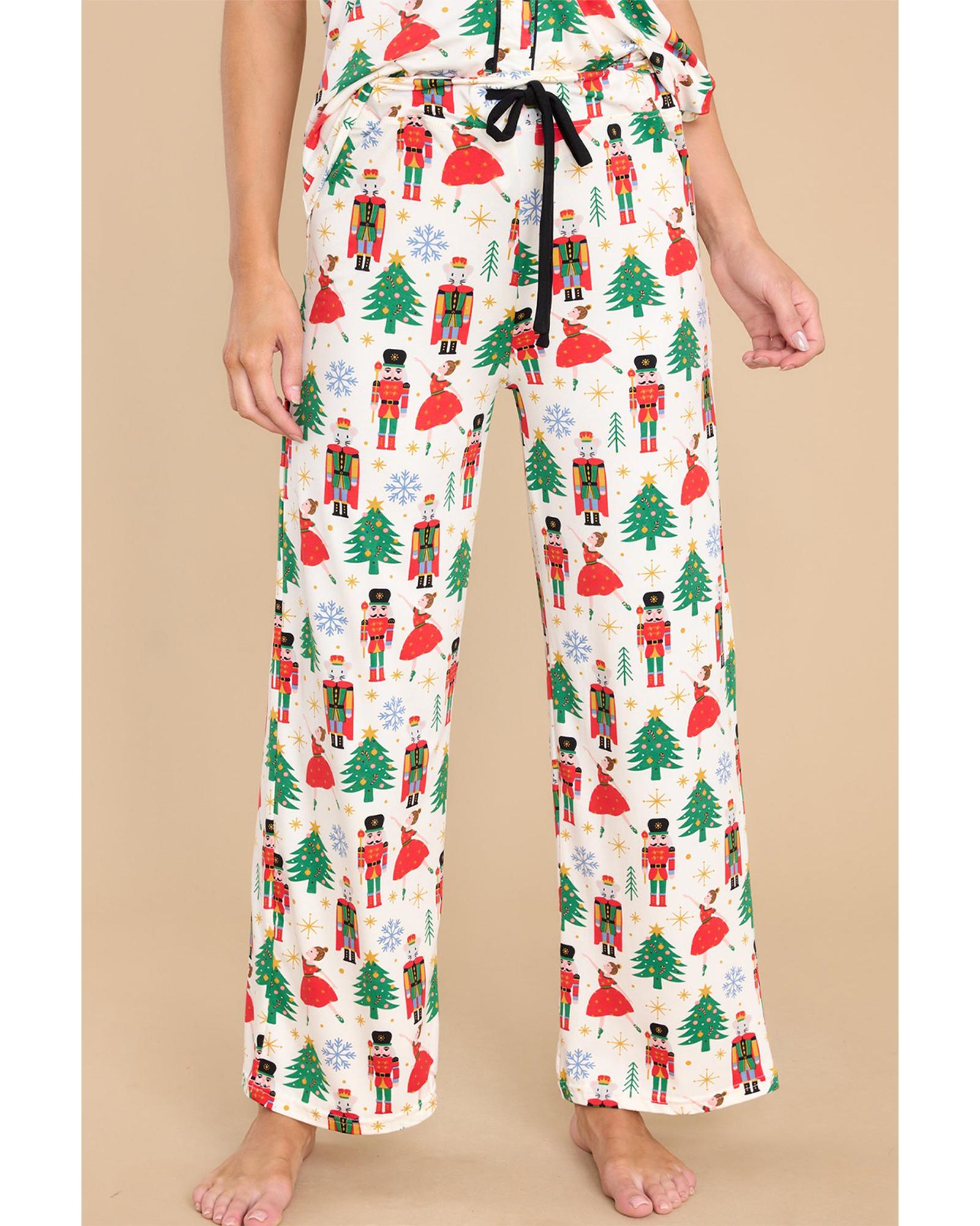 White Printed Christmas Pattern Buttoned Two Piece Sleepwear - L