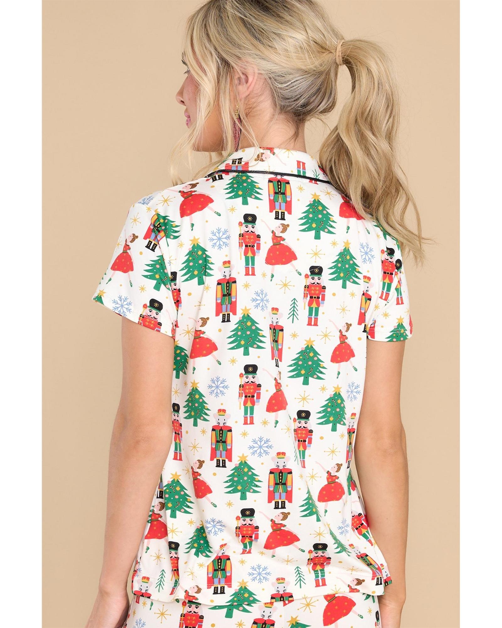 White Printed Christmas Pattern Buttoned Two Piece Sleepwear - M