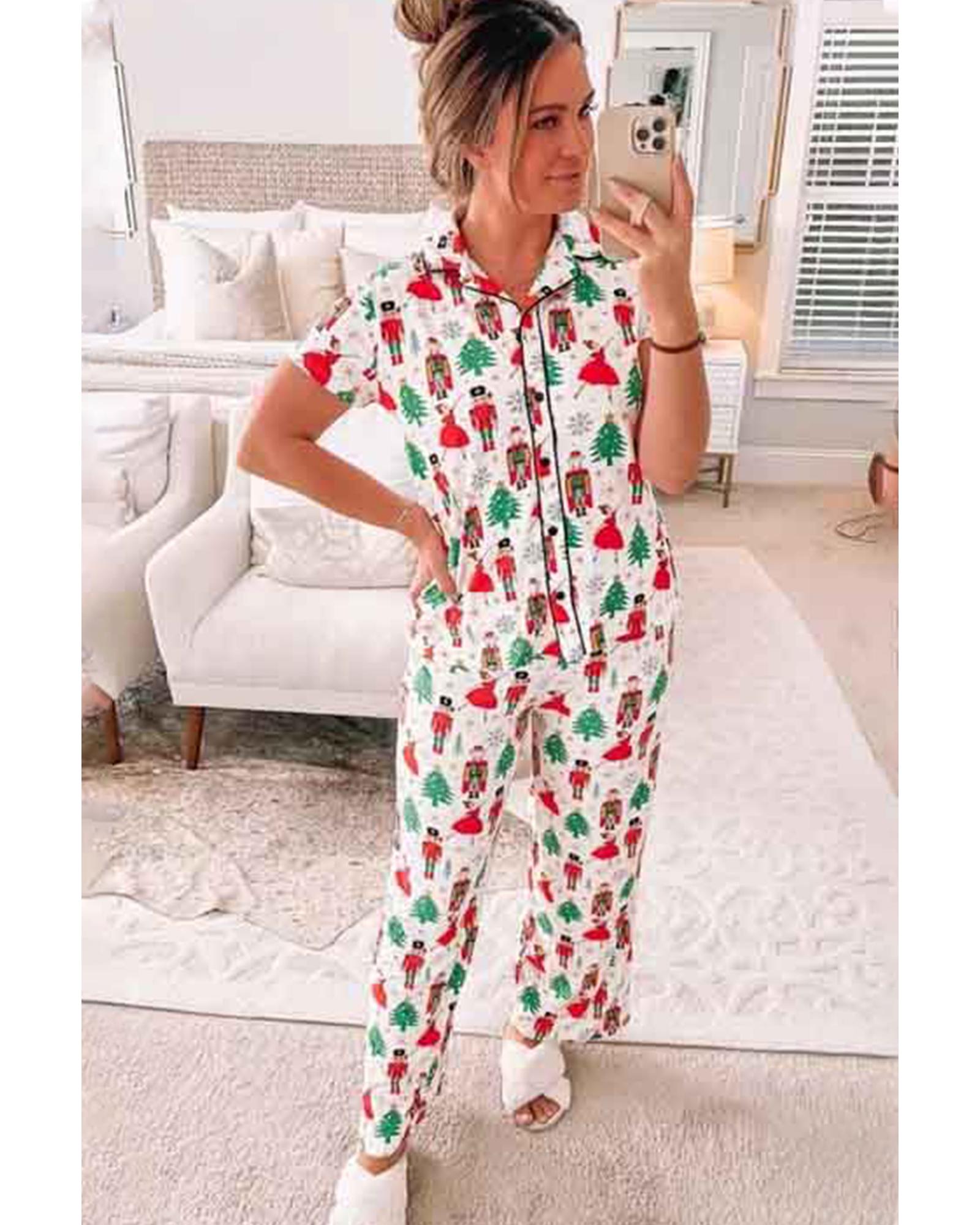 White Printed Christmas Pattern Buttoned Two Piece Sleepwear - M