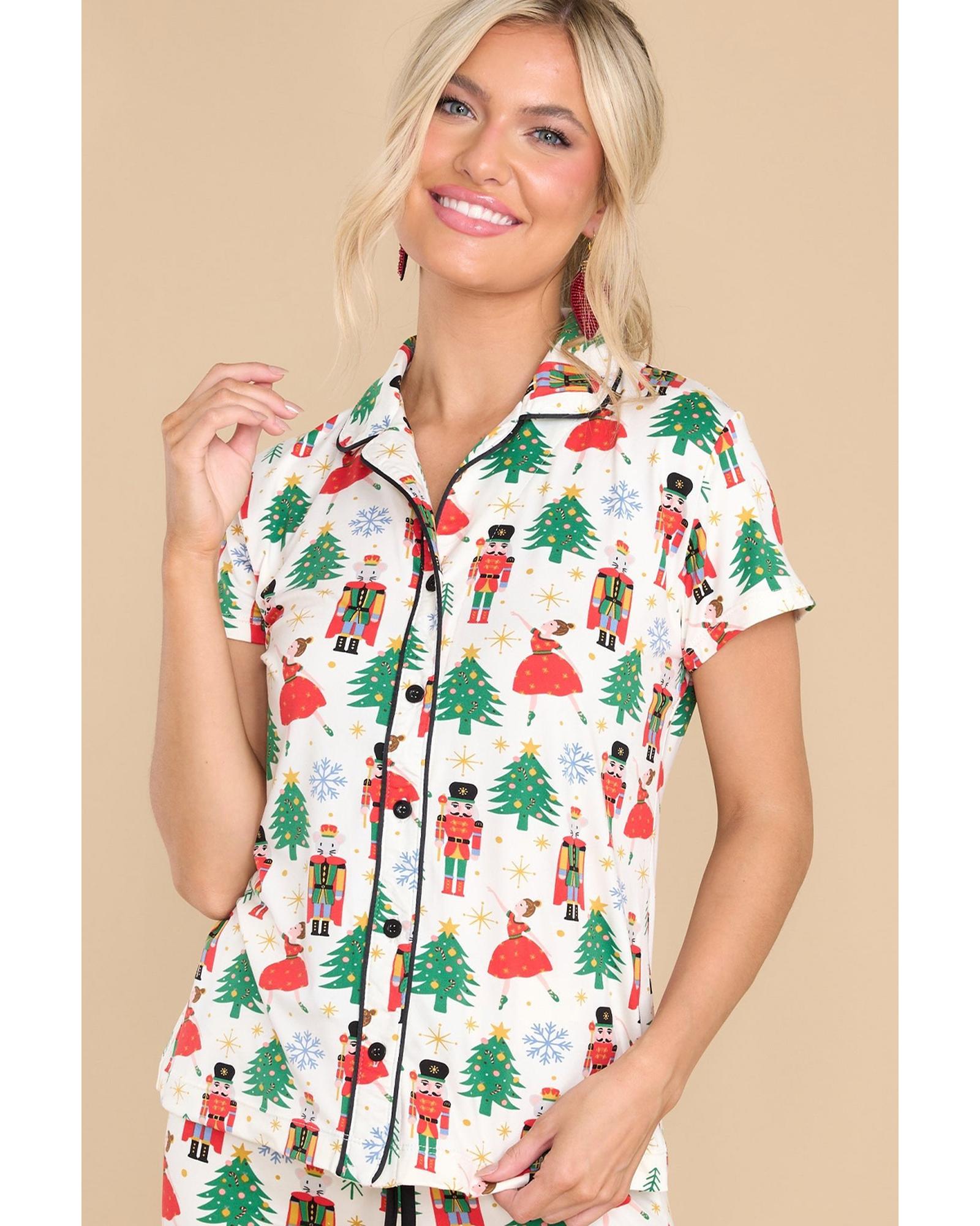 White Printed Christmas Pattern Buttoned Two Piece Sleepwear - XL